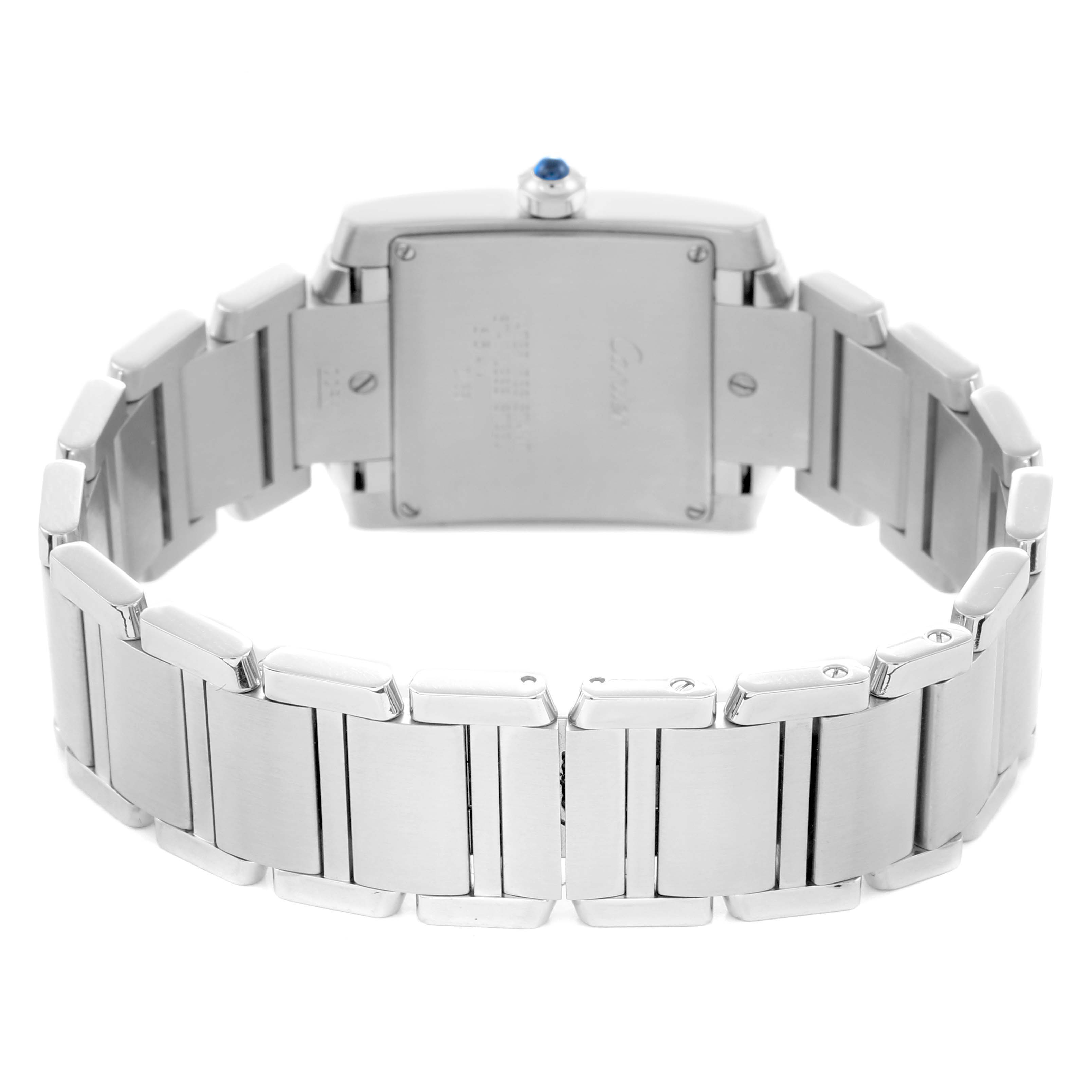 The image shows the back view of a Cartier Tank Francaise watch, model number W51011Q3, highlighting the stainless steel bracelet and case back.