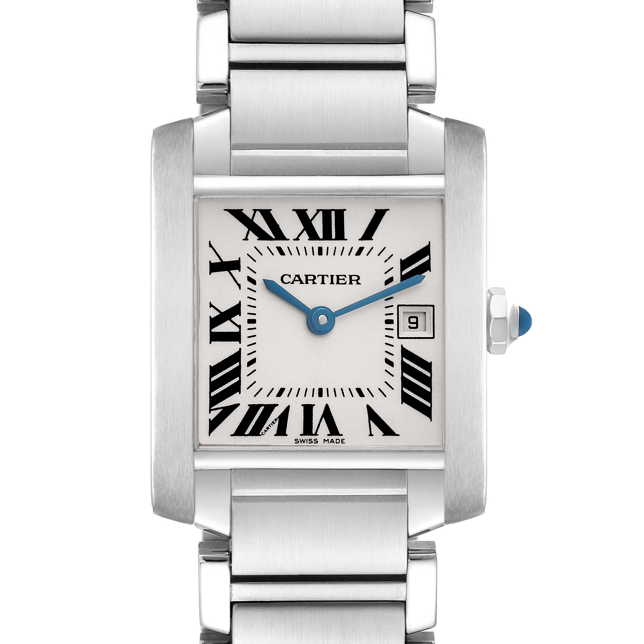The image shows a front view of the Cartier Tank Française model W51011Q3 watch, highlighting the face, Roman numerals, blued hands, and part of the bracelet.