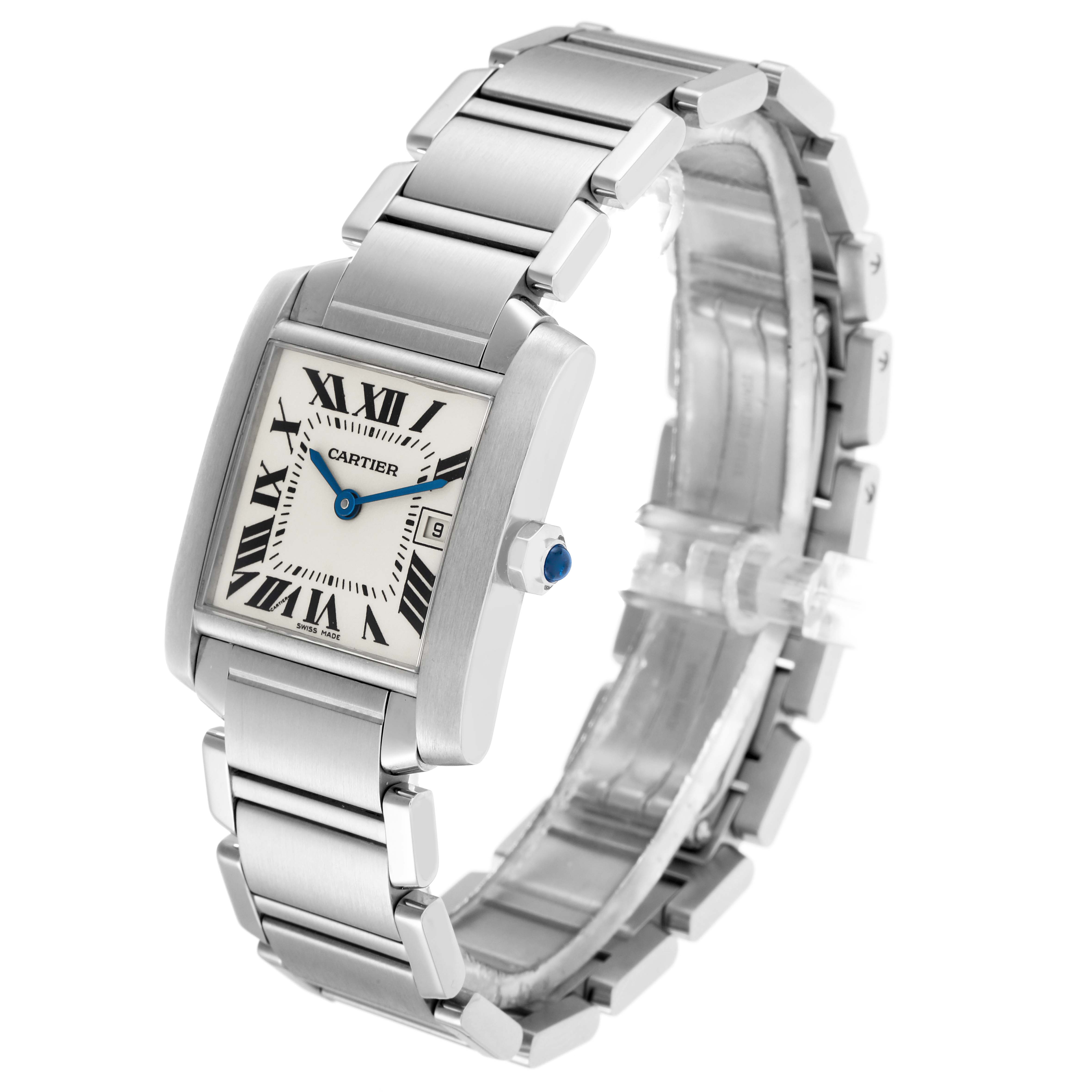 The Cartier Tank Française model W51011Q3 is shown at an angled side view, displaying the rectangular face, Roman numerals, bracelet, and blue sapphire crown.