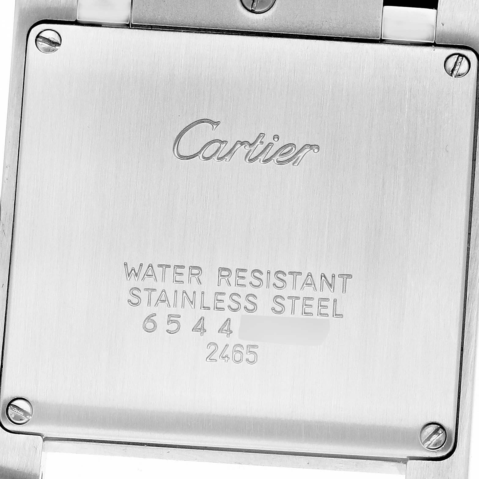 The image shows the back case of a Cartier Tank Francaise men's watch, model number W51011Q3, highlighting its water resistance and stainless steel material.