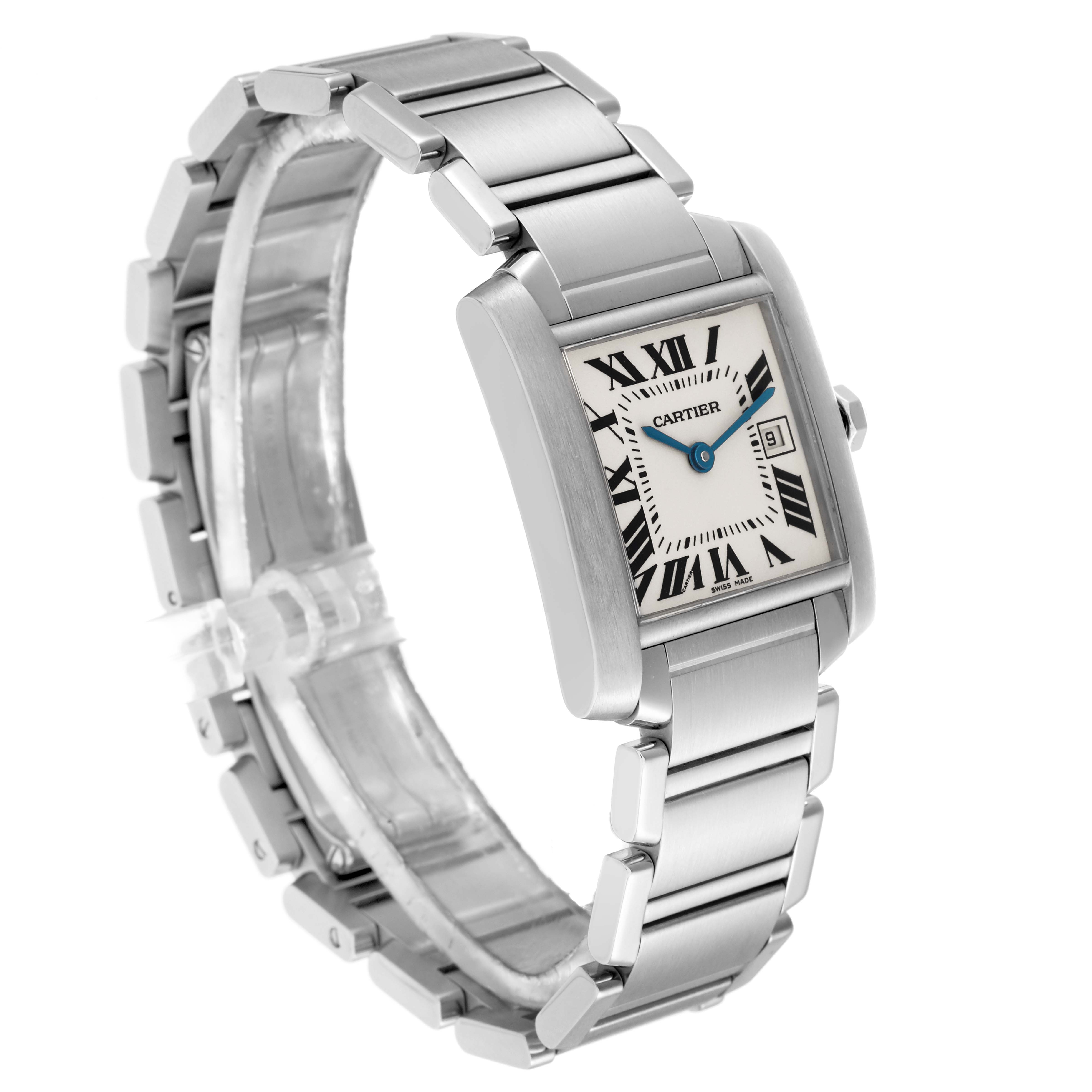 The Cartier Tank Française W51011Q3 men's watch is shown at an angle highlighting the face, bracelet, case, and crown.