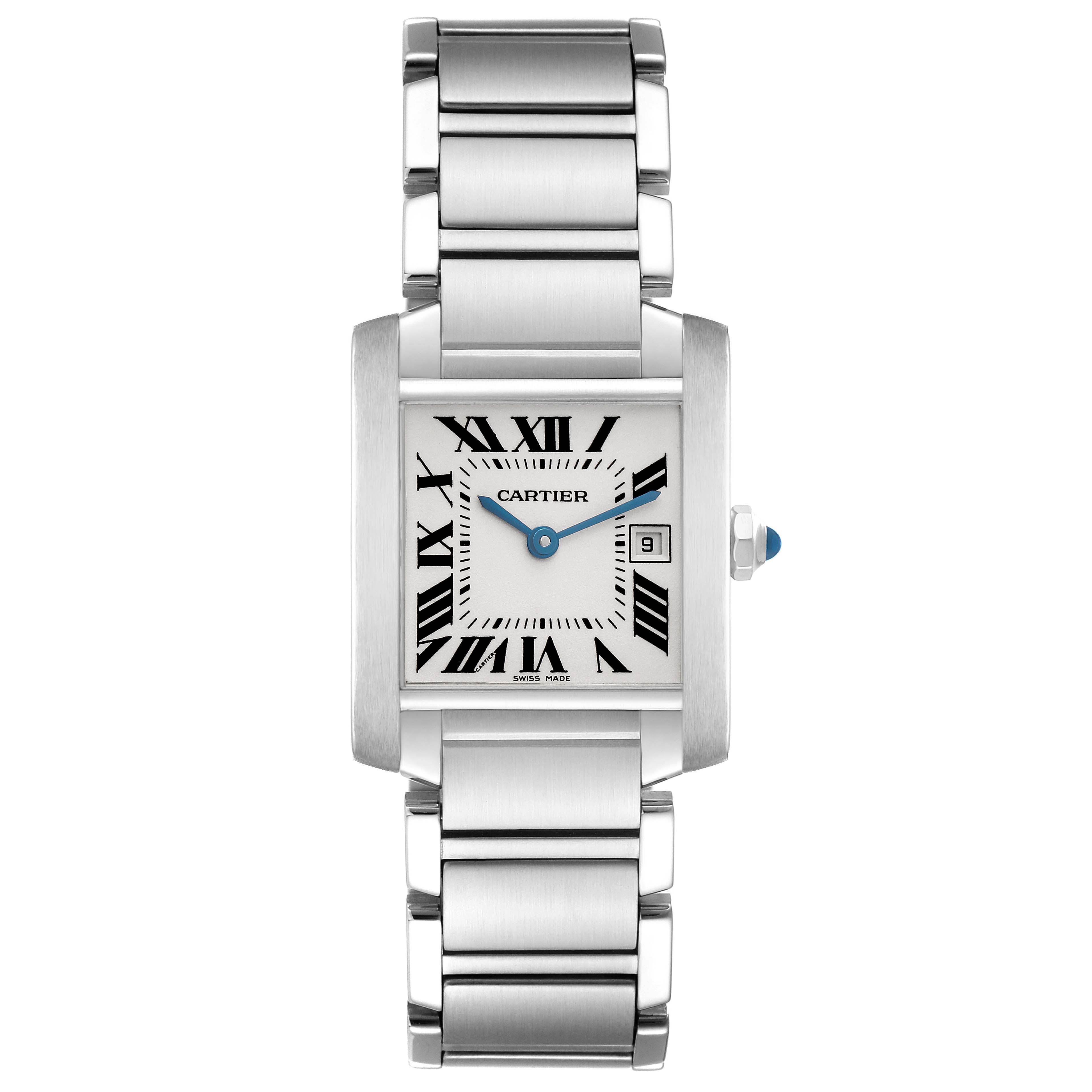 The Cartier Tank Francaise model W51011Q3 is shown from a front angle, highlighting its rectangular face, Roman numerals, and linked bracelet.