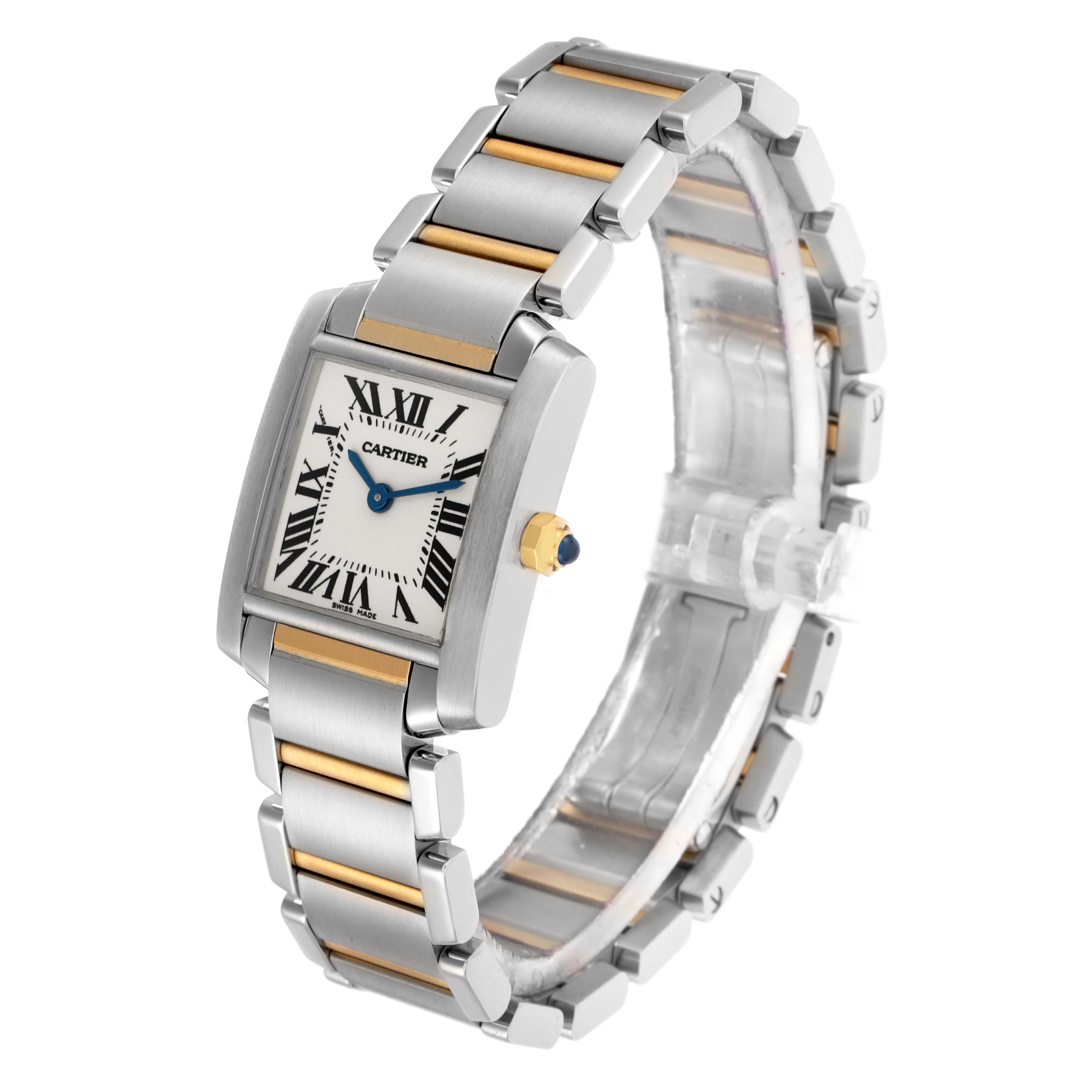 The image shows the Cartier Tank Francaise model W51007Q4 at a three-quarter angle, highlighting the watch face, bracelet, and crown.