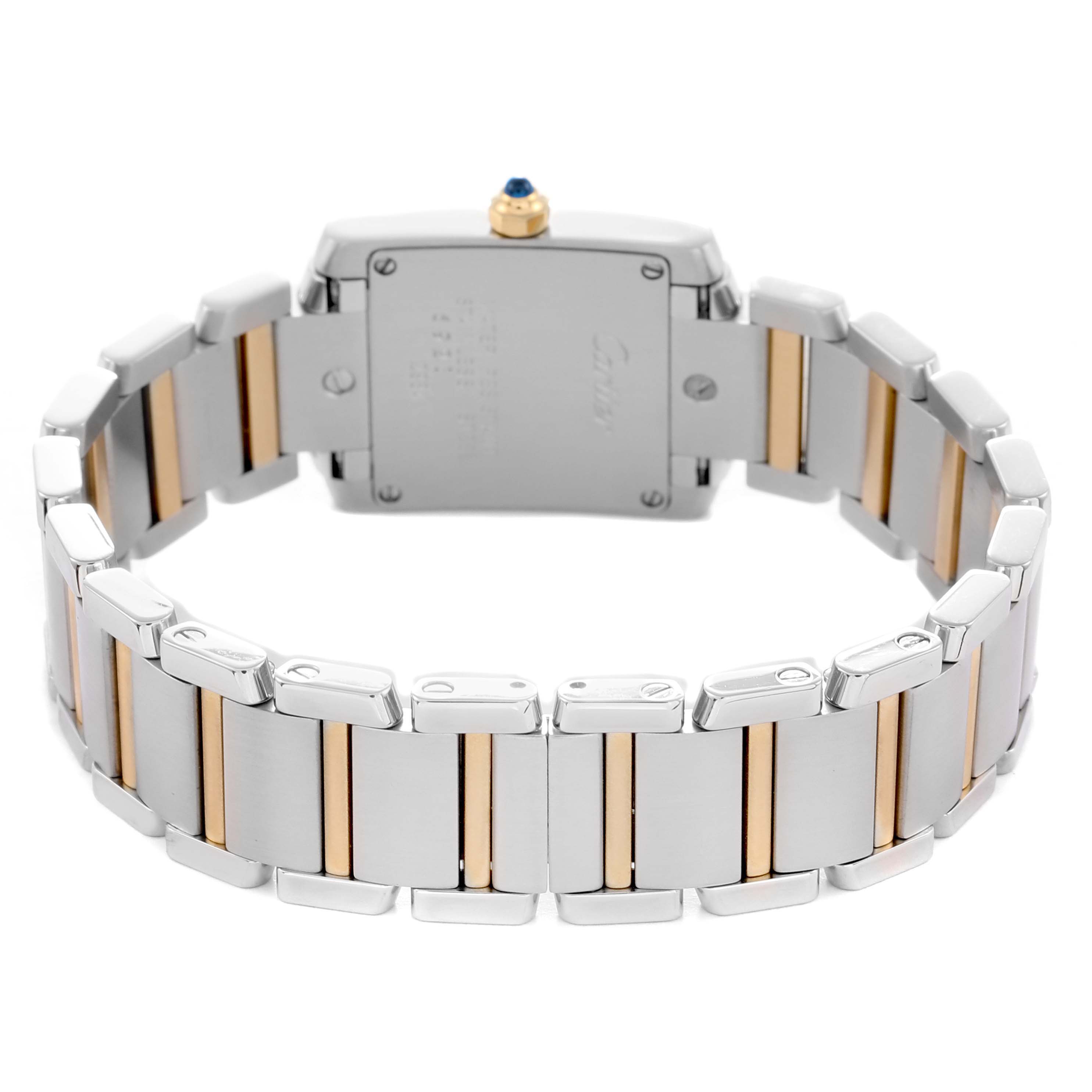 The image shows the back of the Cartier Tank Francaise watch, model number W51007Q4, displaying its stainless steel and gold bracelet.