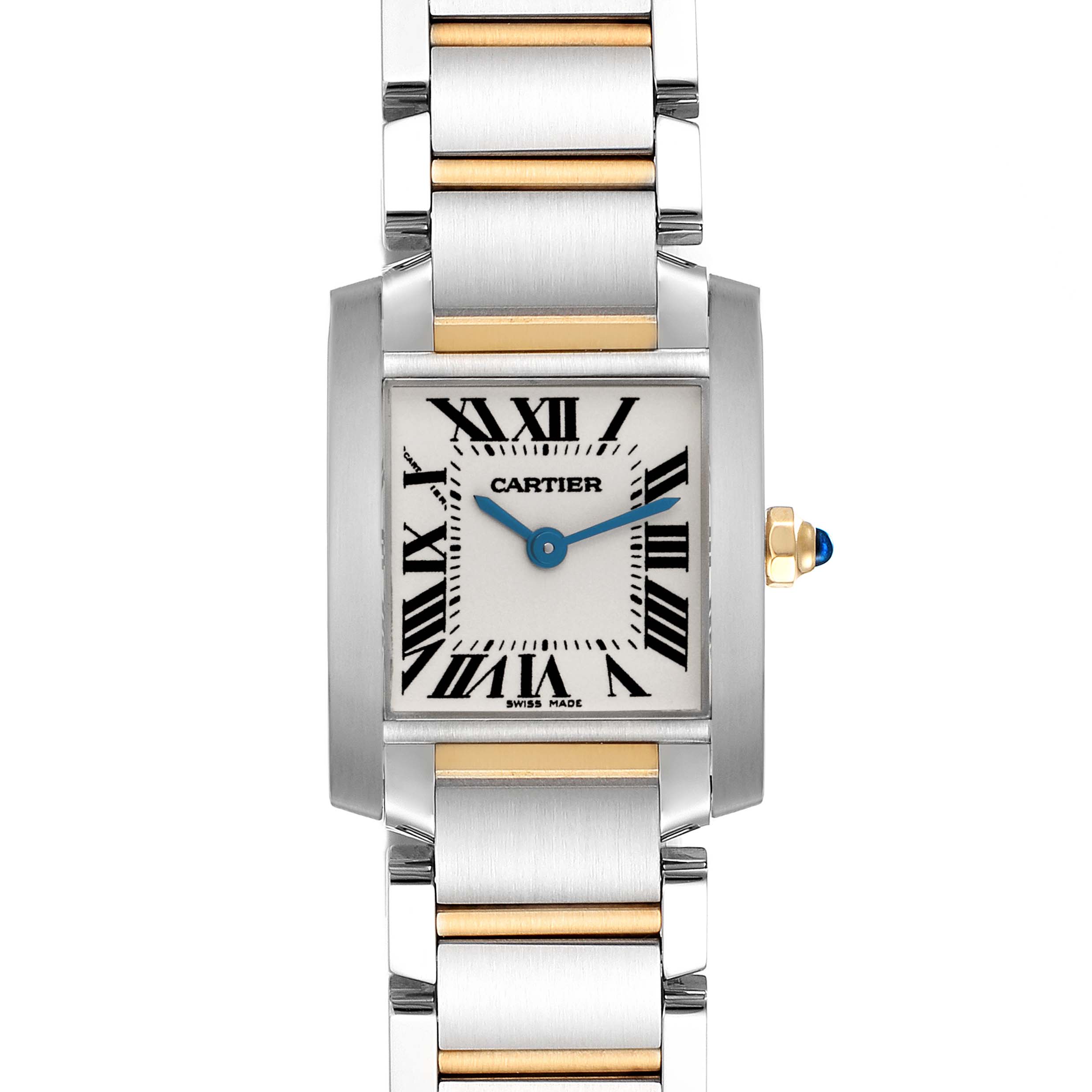 The Cartier Tank Française W51007Q4 men's watch is shown from a top view, highlighting the dial, case, and two-tone bracelet.