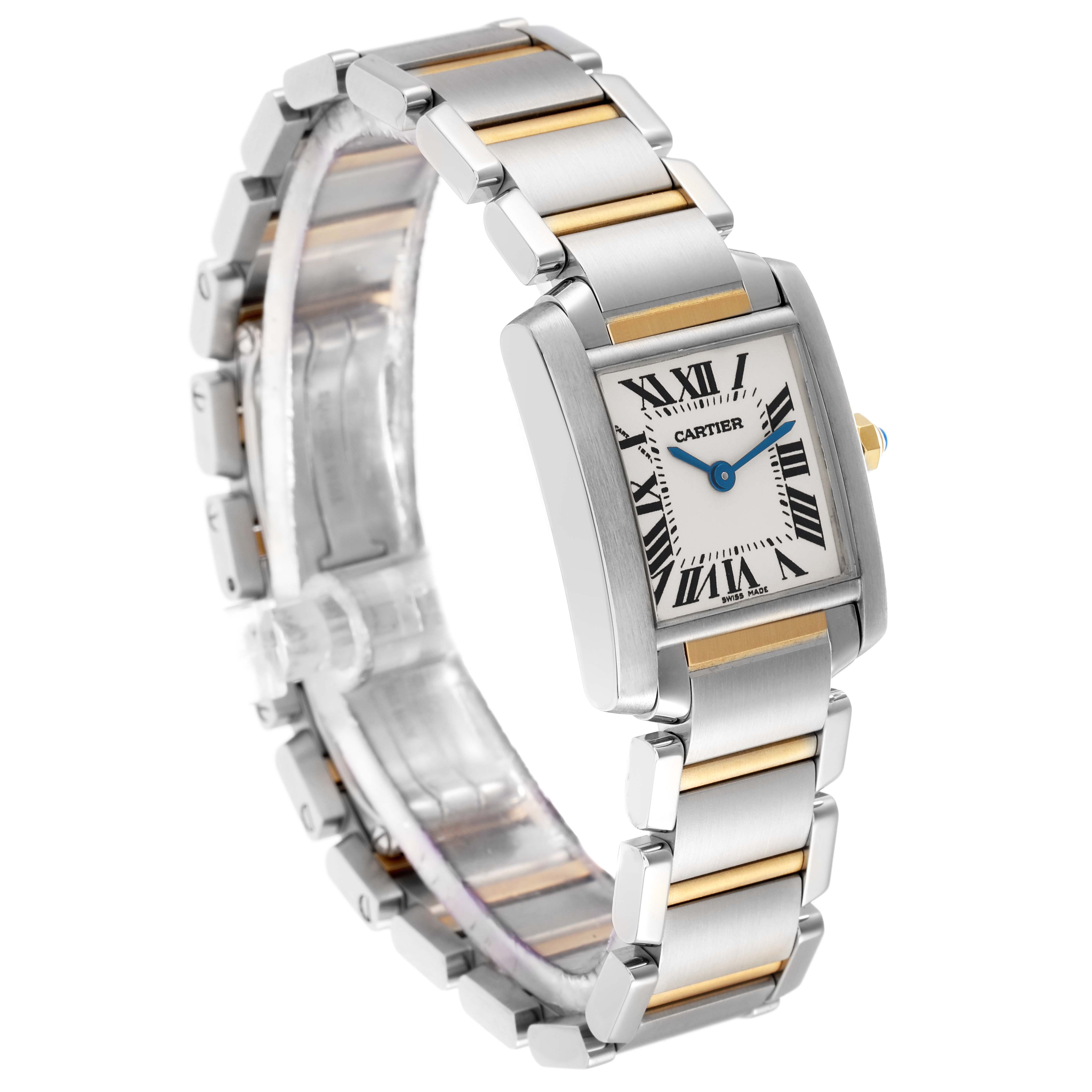 The Cartier Tank Francaise W51007Q4 is shown at an angled side view, highlighting its rectangular dial, Roman numerals, and two-tone metal bracelet.