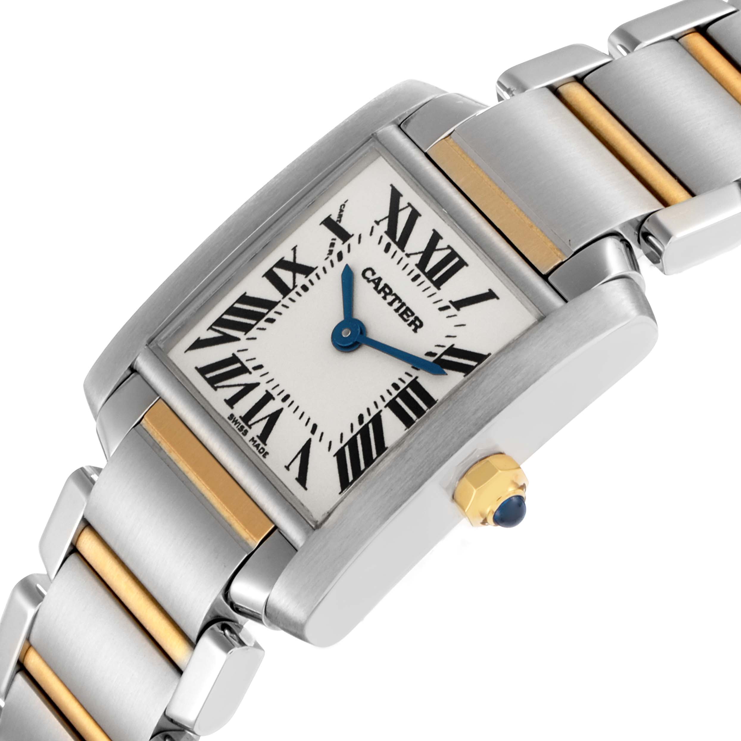 The Cartier Tank Francaise model W51007Q4 is shown at an angle highlighting its rectangular case, silver-and-gold bracelet, detailed dial, and crown with blue cabochon.