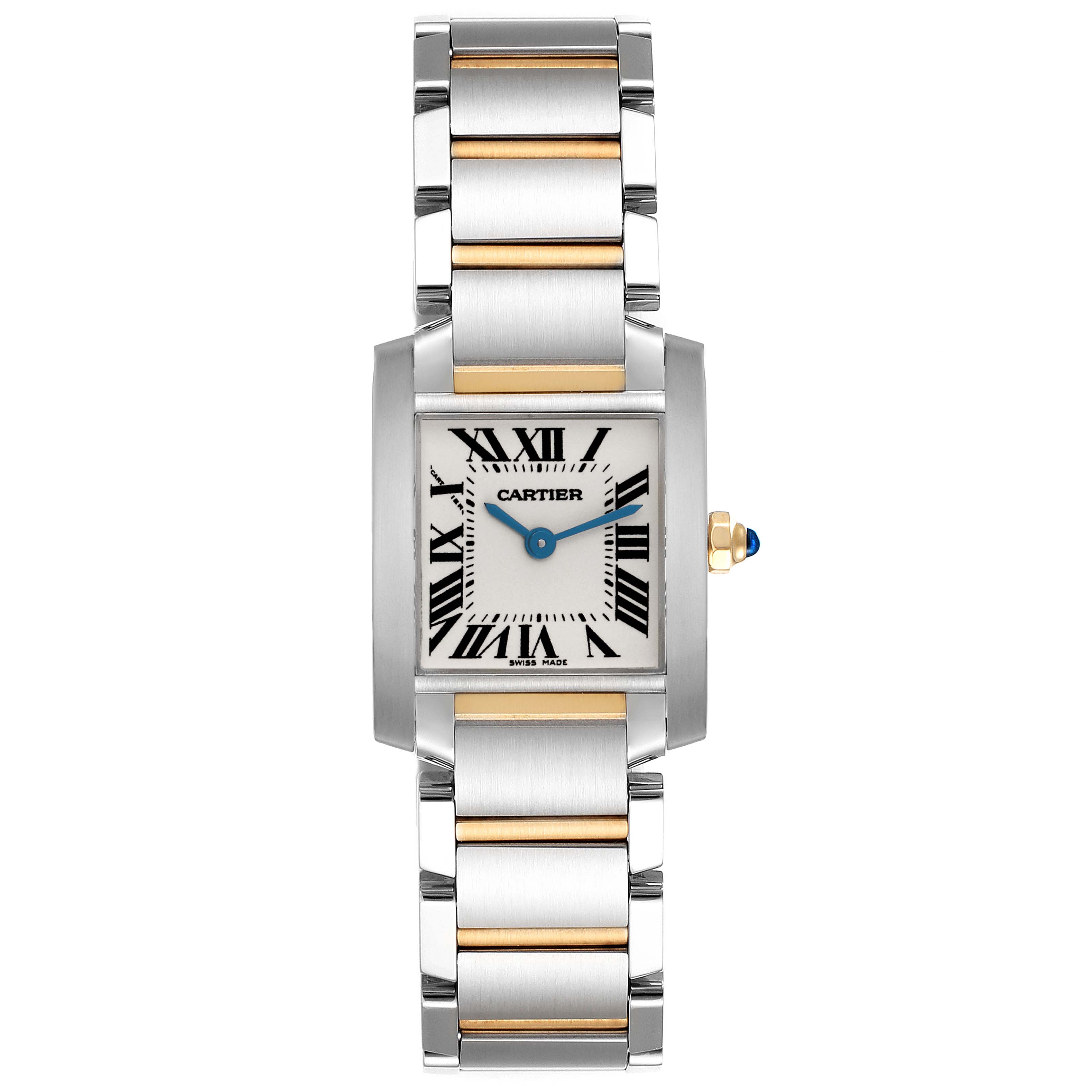 The Cartier Tank Francaise model W51007Q4 watch is shown from a top-down angle, displaying its face, bezel, crown, and two-tone bracelet.