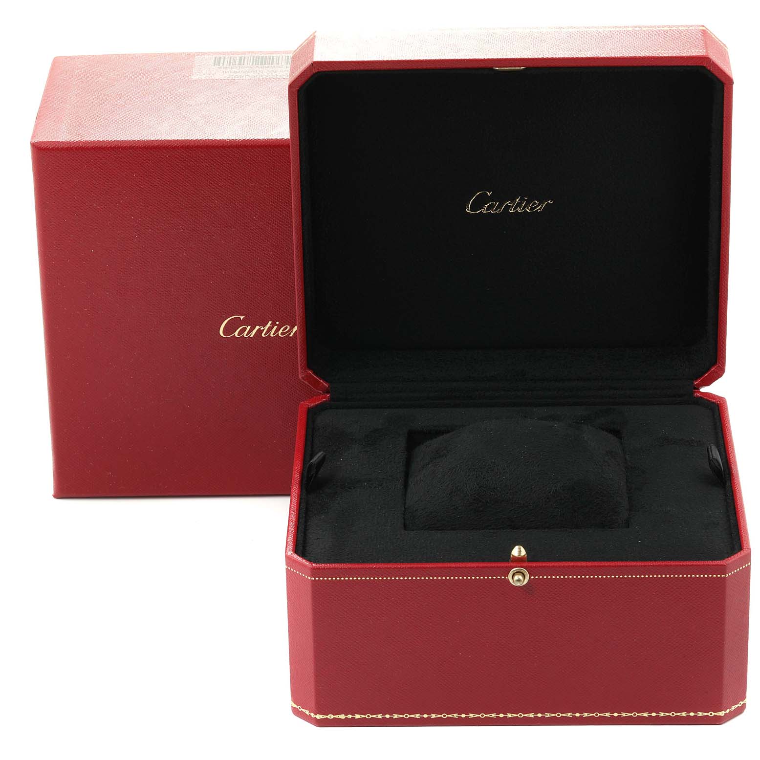 The image shows an open Cartier Tank Louis W1541056 Women
s White Gold Silver Dial W1541056 Women
s White Gold Silver Dial watch box in red and black, with a matching outer box, viewed from the front.