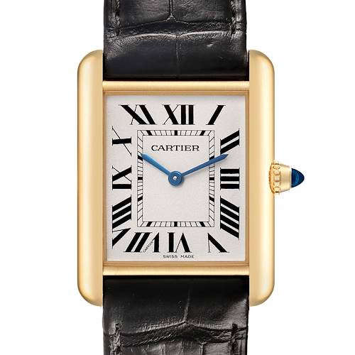 The Cartier Tank Louis WGTA0067 Men's Yellow Gold White Dial watch is shown from the front, highlighting its rectangular face, Roman numerals, gold case, and black strap.