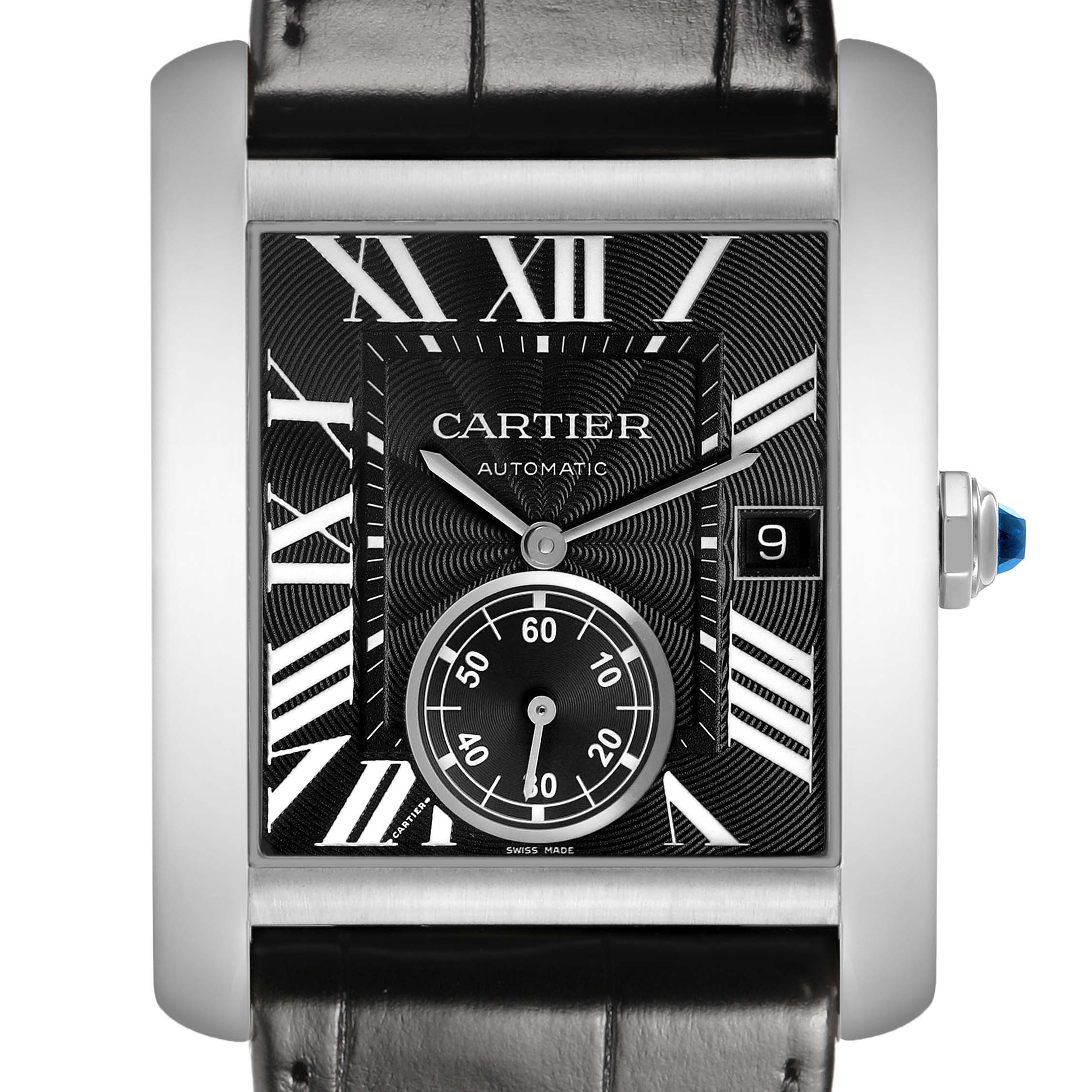 The image shows a front view of the Cartier Tank MC W5330004 Men's Stainless Steel Black Dial watch, featuring its black dial, Roman numerals, sub-dial, and leather strap.