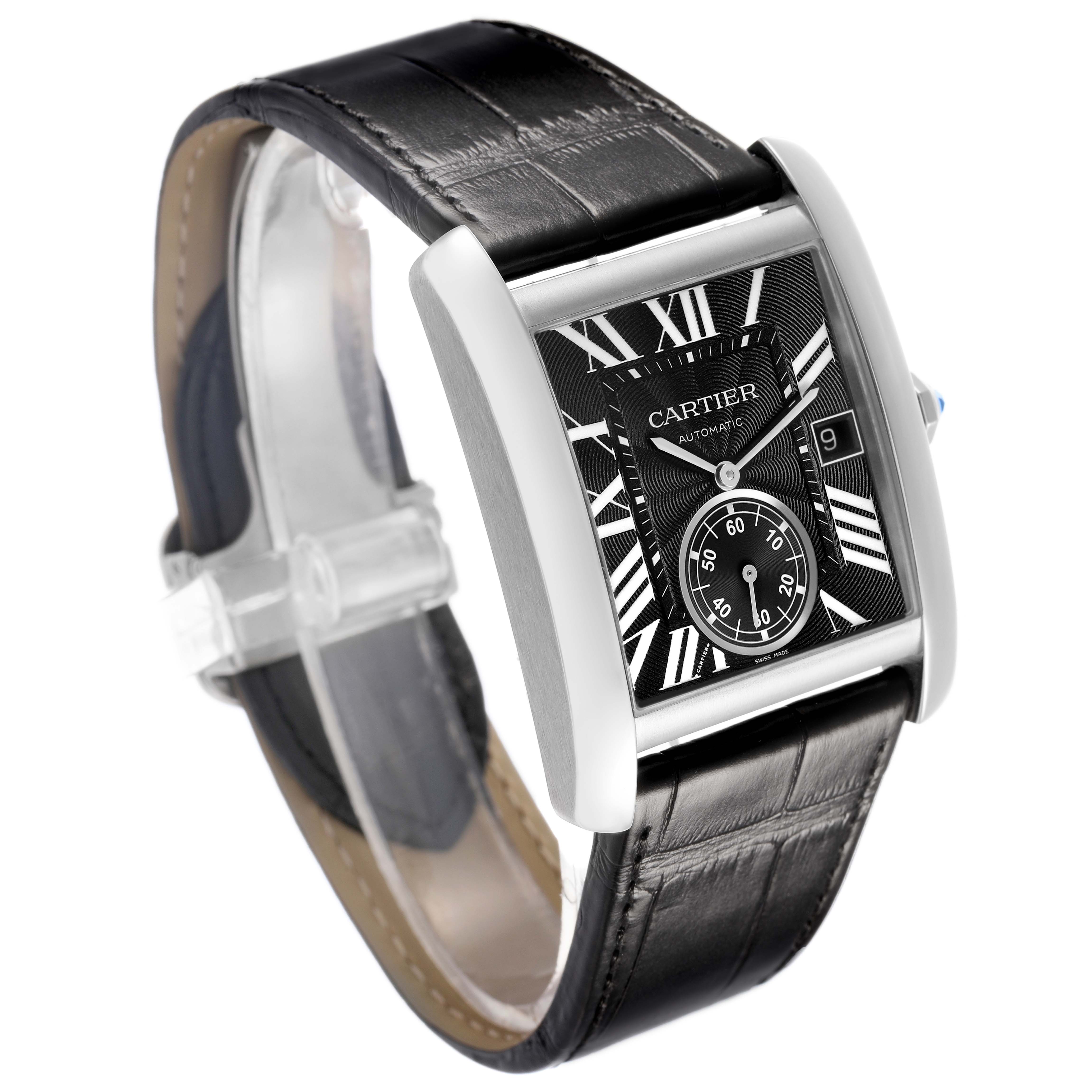 The Cartier Tank MC W5330004 Men's Stainless Steel Black Dial watch is shown at an angle highlighting its rectangular face, Roman numerals, and leather strap.