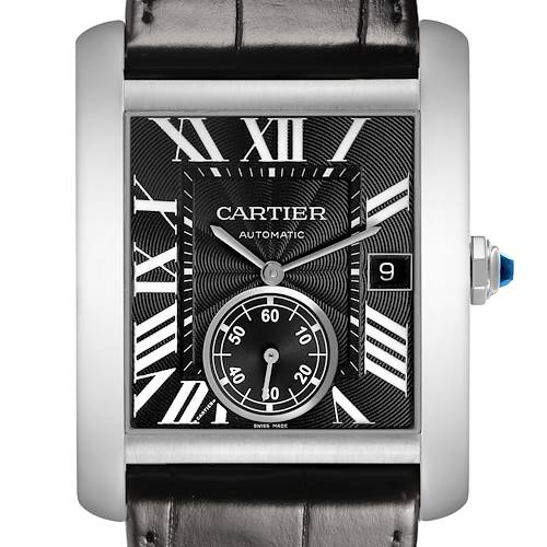 The image shows a frontal view of the Cartier Tank MC W5330004 Men's Stainless Steel Black Dial watch, highlighting its dial with Roman numerals, date window, and subdial.