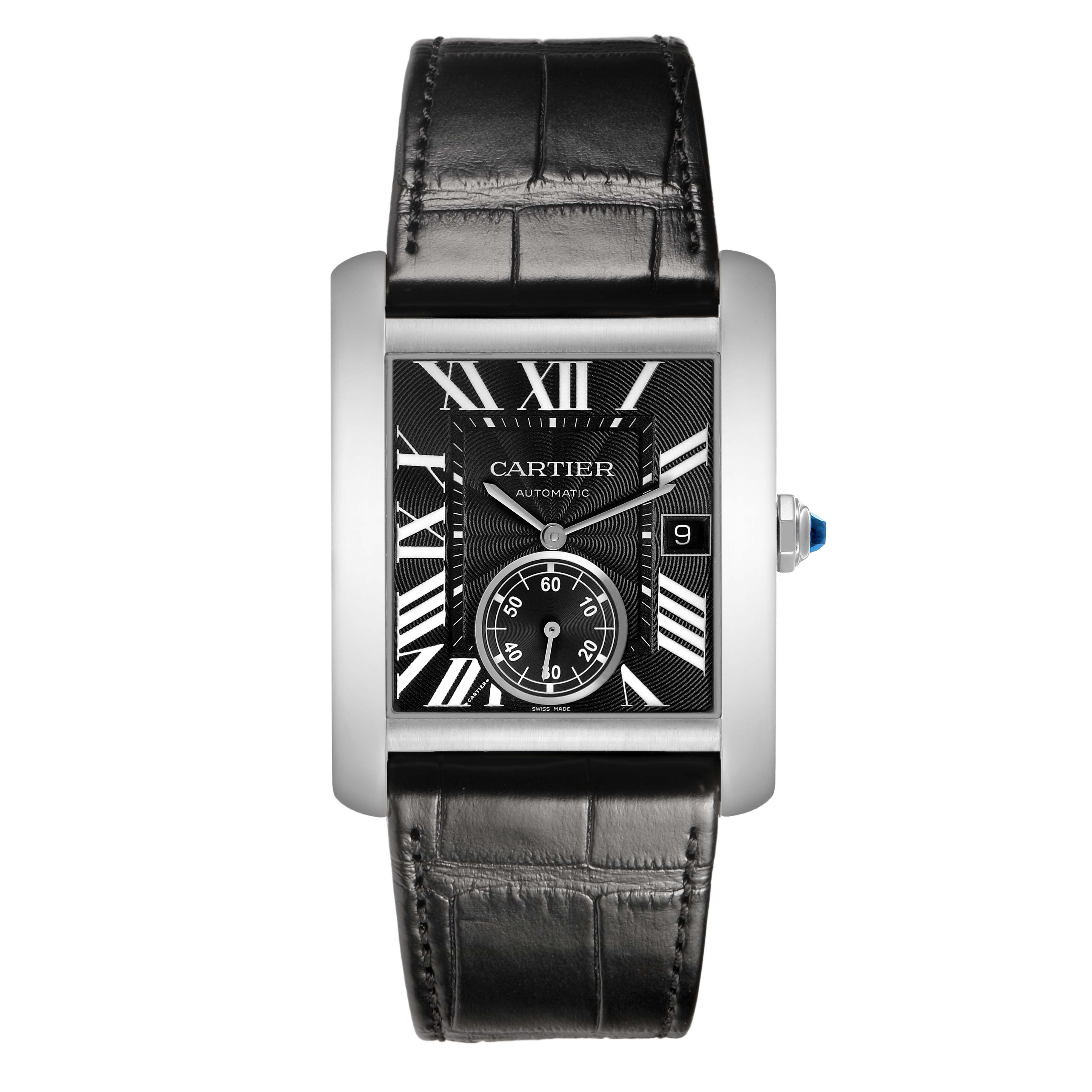 The Cartier Tank MC W5330004 Men's Stainless Steel Black Dial watch is shown from a top-down angle, displaying the entire face, case, and black leather strap.