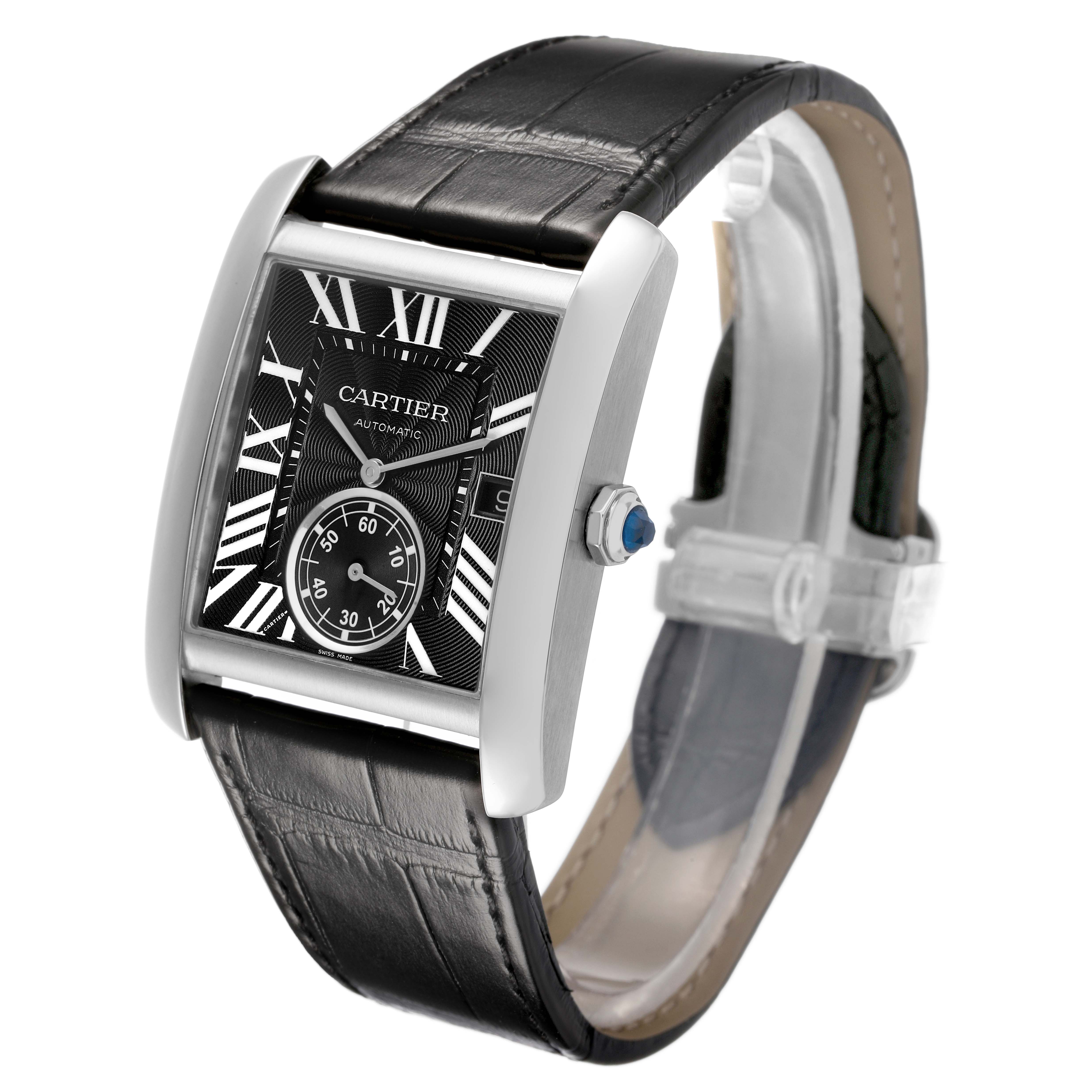 The Cartier Tank MC W5330004 Men's Stainless Steel Black Dial watch is shown at an angled view highlighting its face, Roman numerals, side crown, and leather strap.