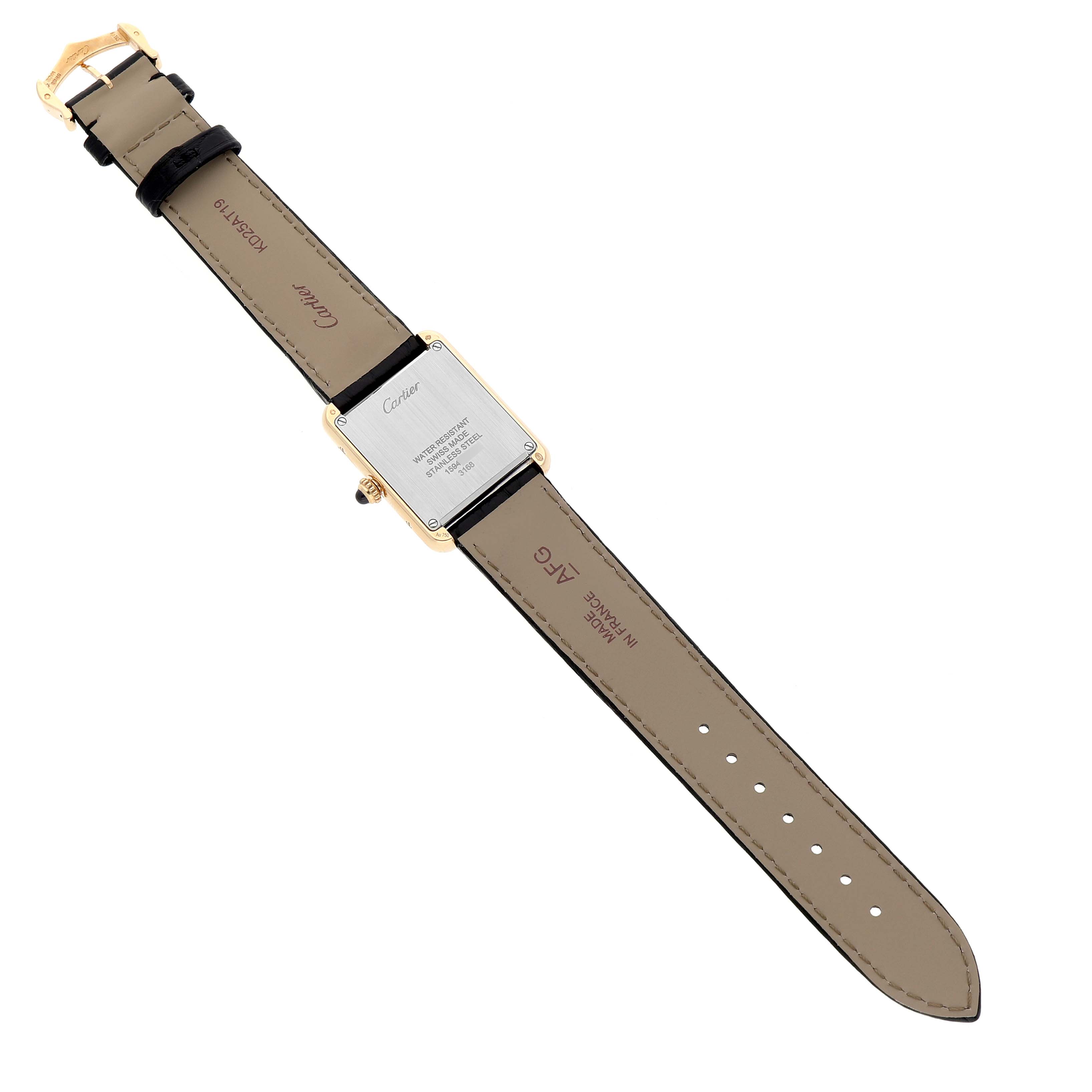 The Cartier Tank Solo W5200024 Women's Yellow Gold Silver Dial watch is shown from the back, displaying the case back, strap, and buckle.
