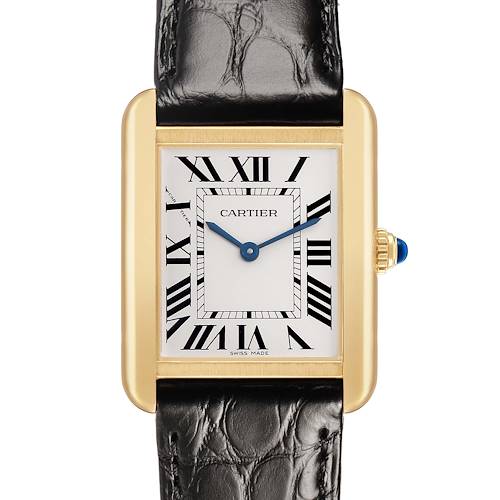The Cartier Tank Solo W5200024 Women's Yellow Gold Silver Dial watch is shown from the front, displaying its rectangular face, Roman numerals, and leather strap.