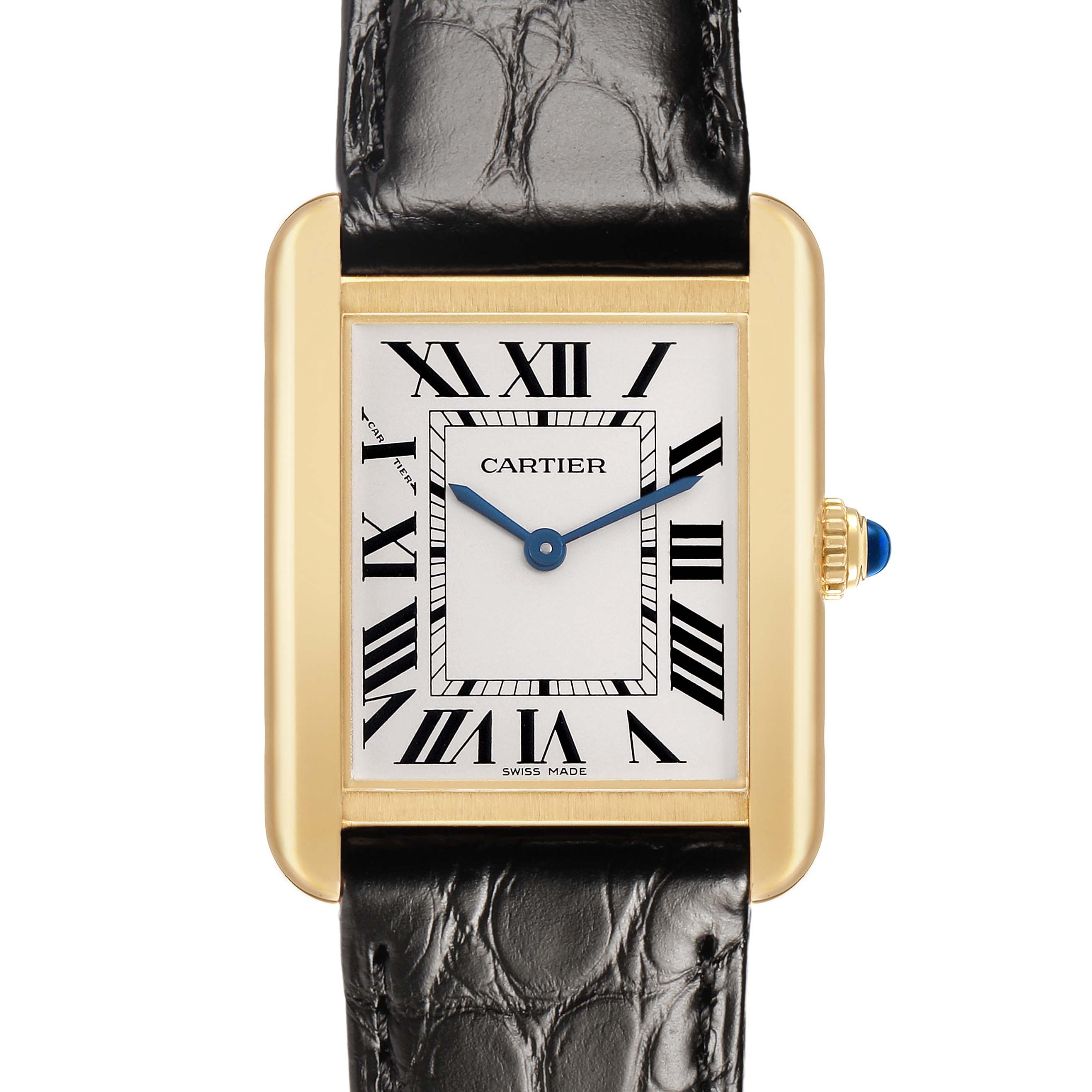 The Cartier Tank Solo W5200024 Women's Yellow Gold Silver Dial watch is shown from the front, highlighting its rectangular face, gold case, Roman numerals, and leather strap.