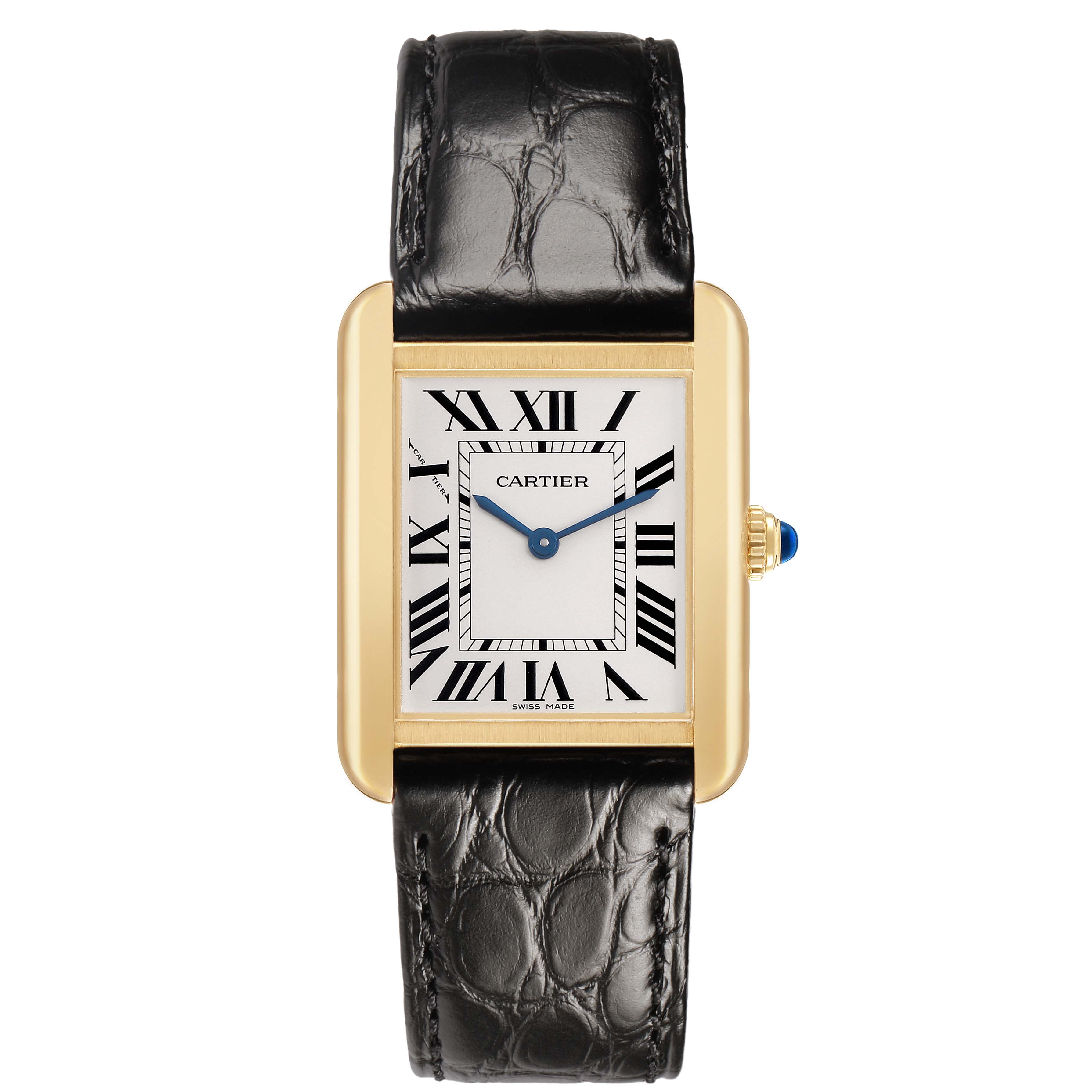 The Cartier Tank Solo W5200024 Women's Yellow Gold Silver Dial watch is shown from a top-down angle, displaying its rectangular dial, Roman numerals, and a leather strap.