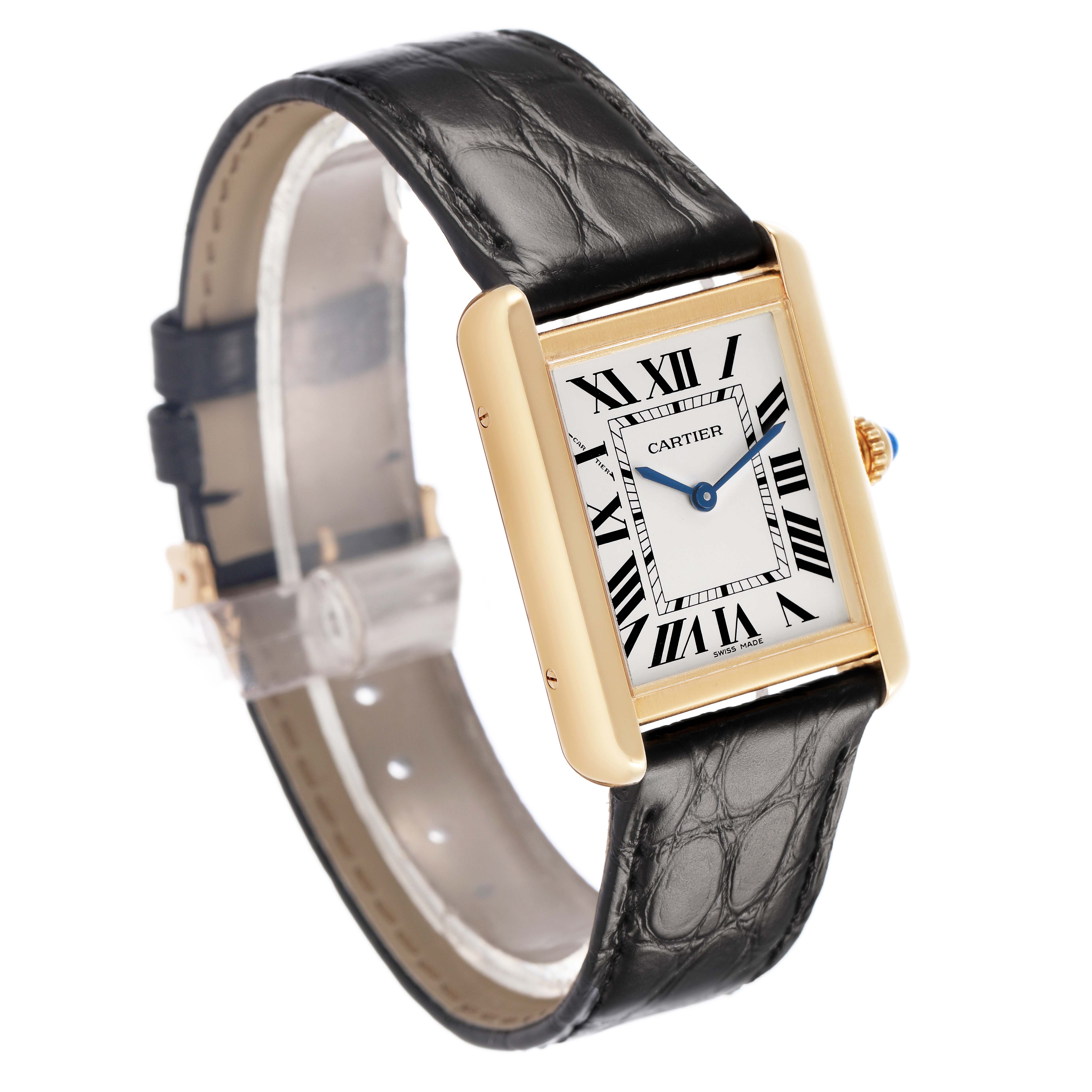 The Cartier Tank Solo W5200024 Women's Yellow Gold Silver Dial watch is shown angled slightly to display its gold case, Roman numeral dial, and leather strap.