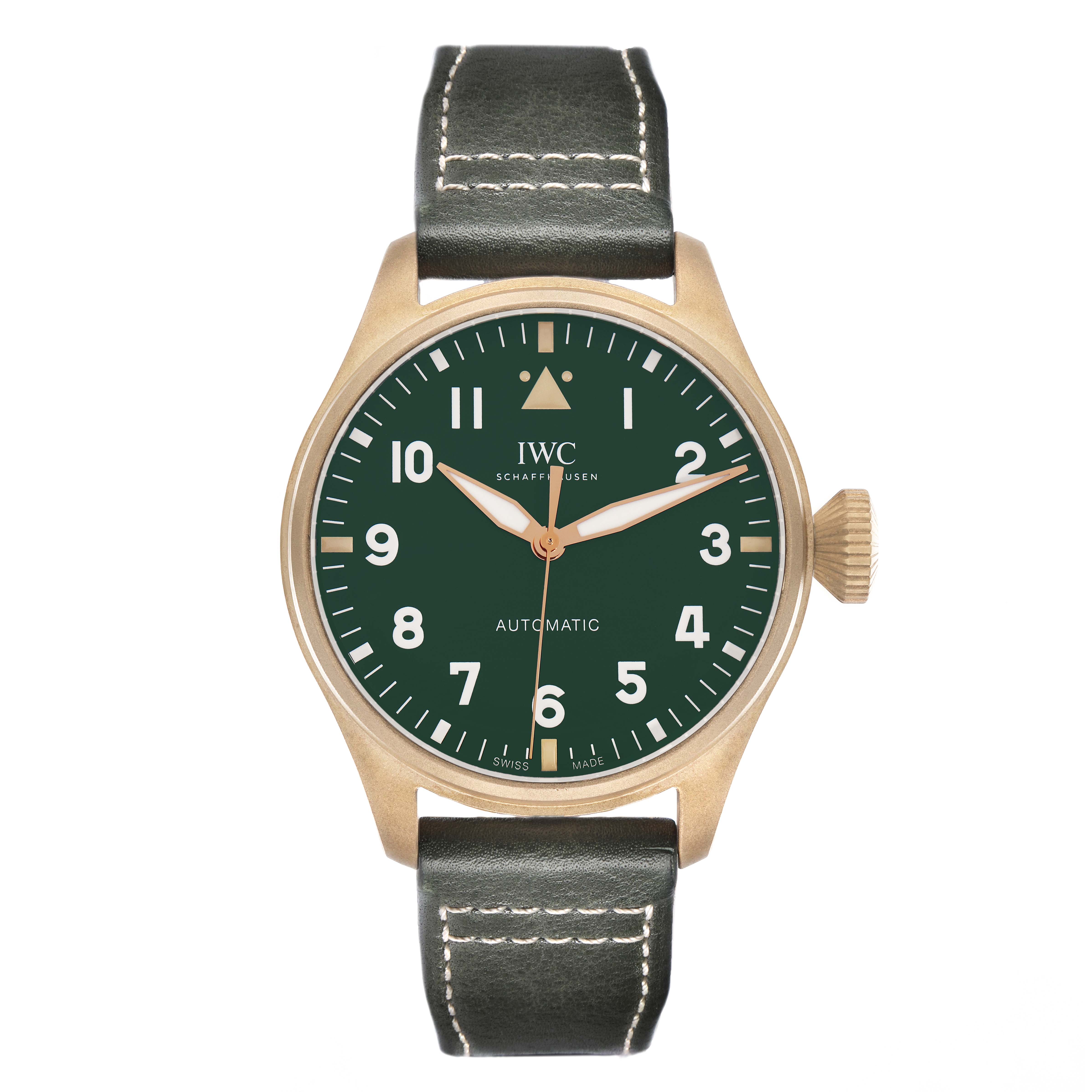 The image shows a front view of the IWC Pilot Men's watch, model IW329702, featuring a green dial, bronze case, and black leather strap.