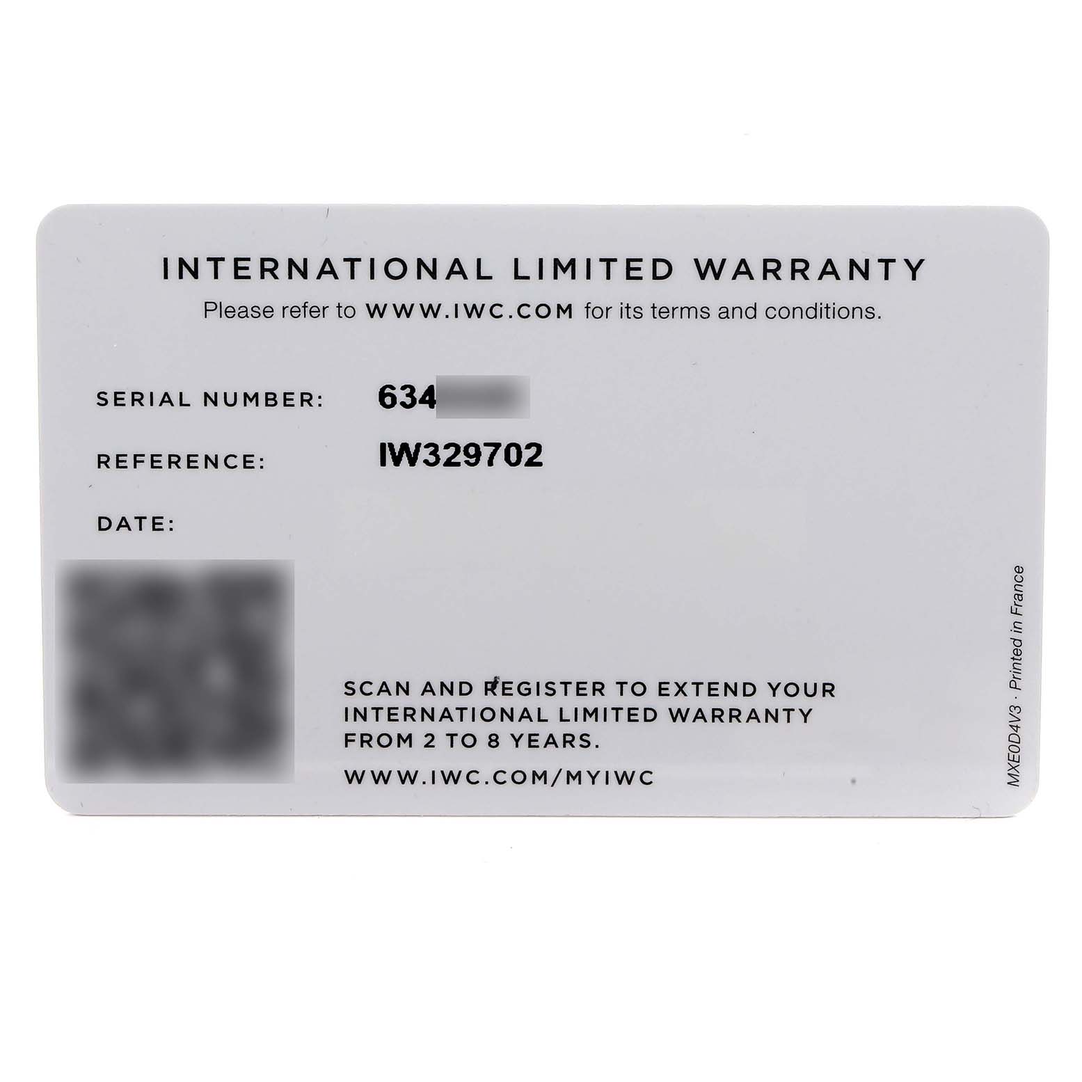 This image shows the international limited warranty card for the IWC Pilot model, model number IW329702, with details like the serial and reference number.