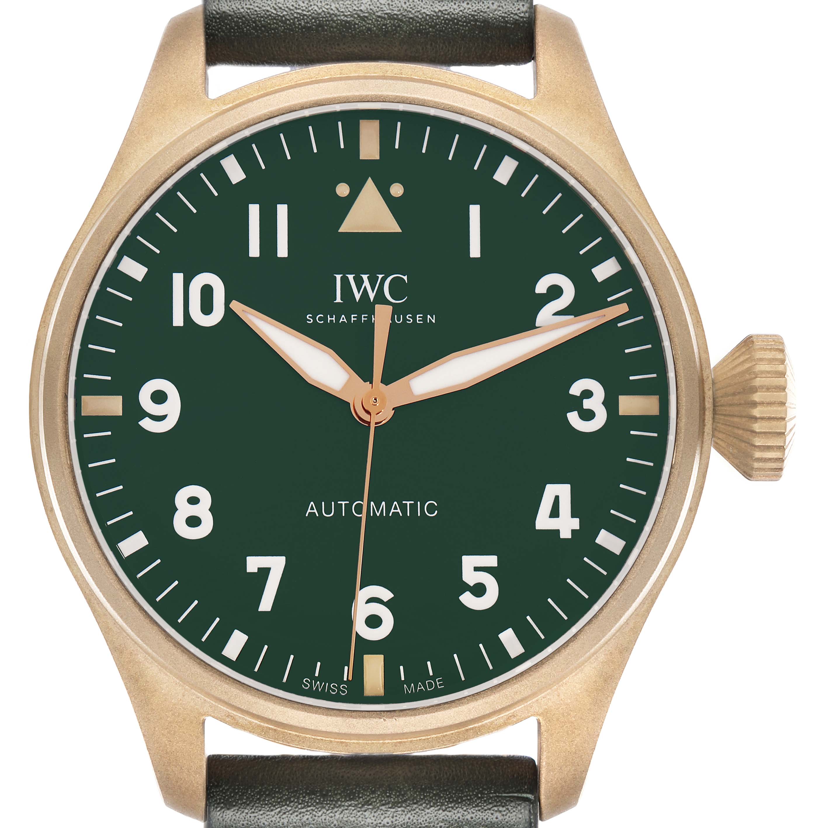 The IWC Pilot model IW329702 watch is shown from a front angle, displaying the face, numerals, hands, and crown.