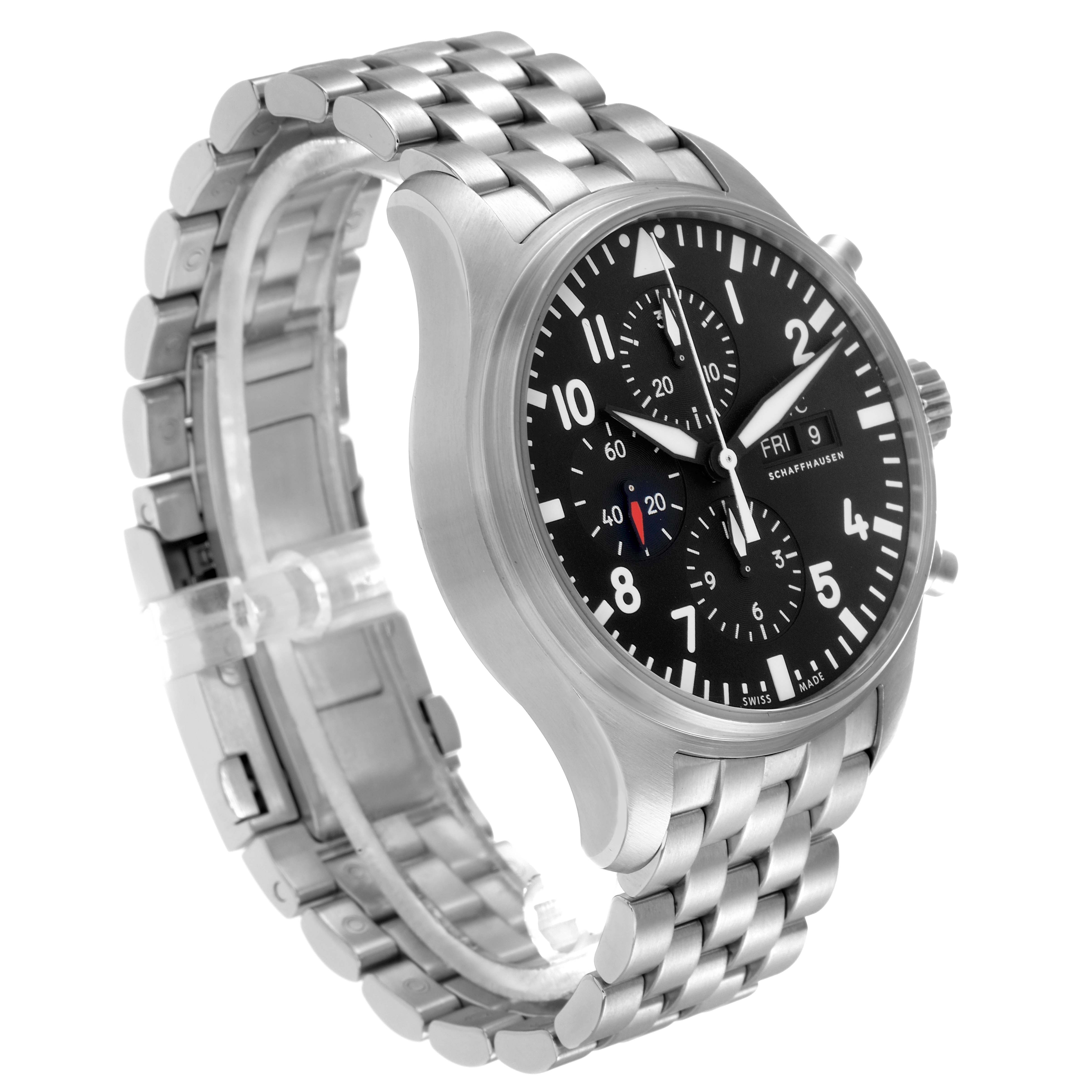 The IWC Pilot model IW377710 men's watch is shown at a three-quarter angle, highlighting the stainless steel case, black dial, and metal bracelet.