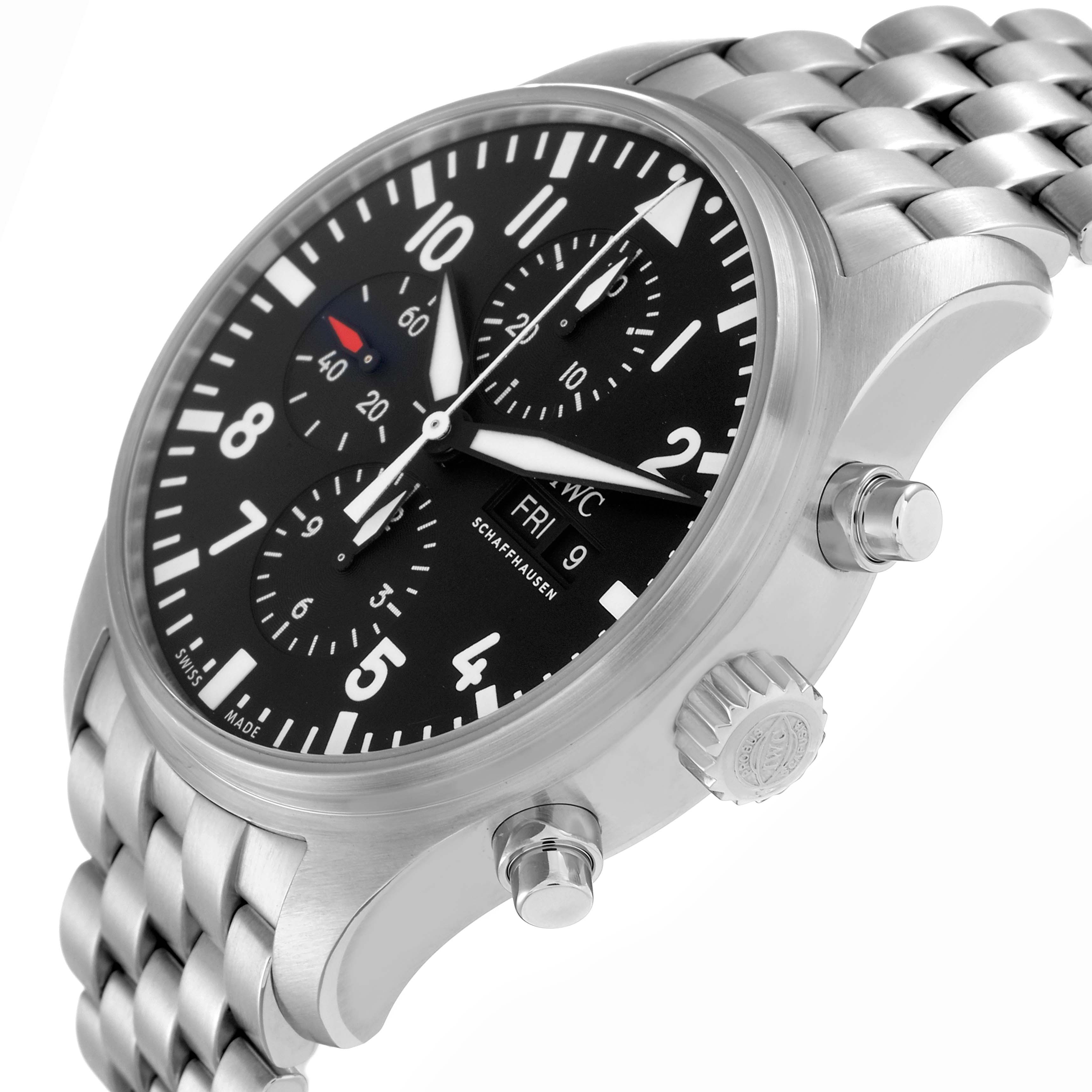The image shows an angled side view of the IWC Pilot watch model IW377710, highlighting the bezel, side pushers, crown, and stainless steel bracelet.