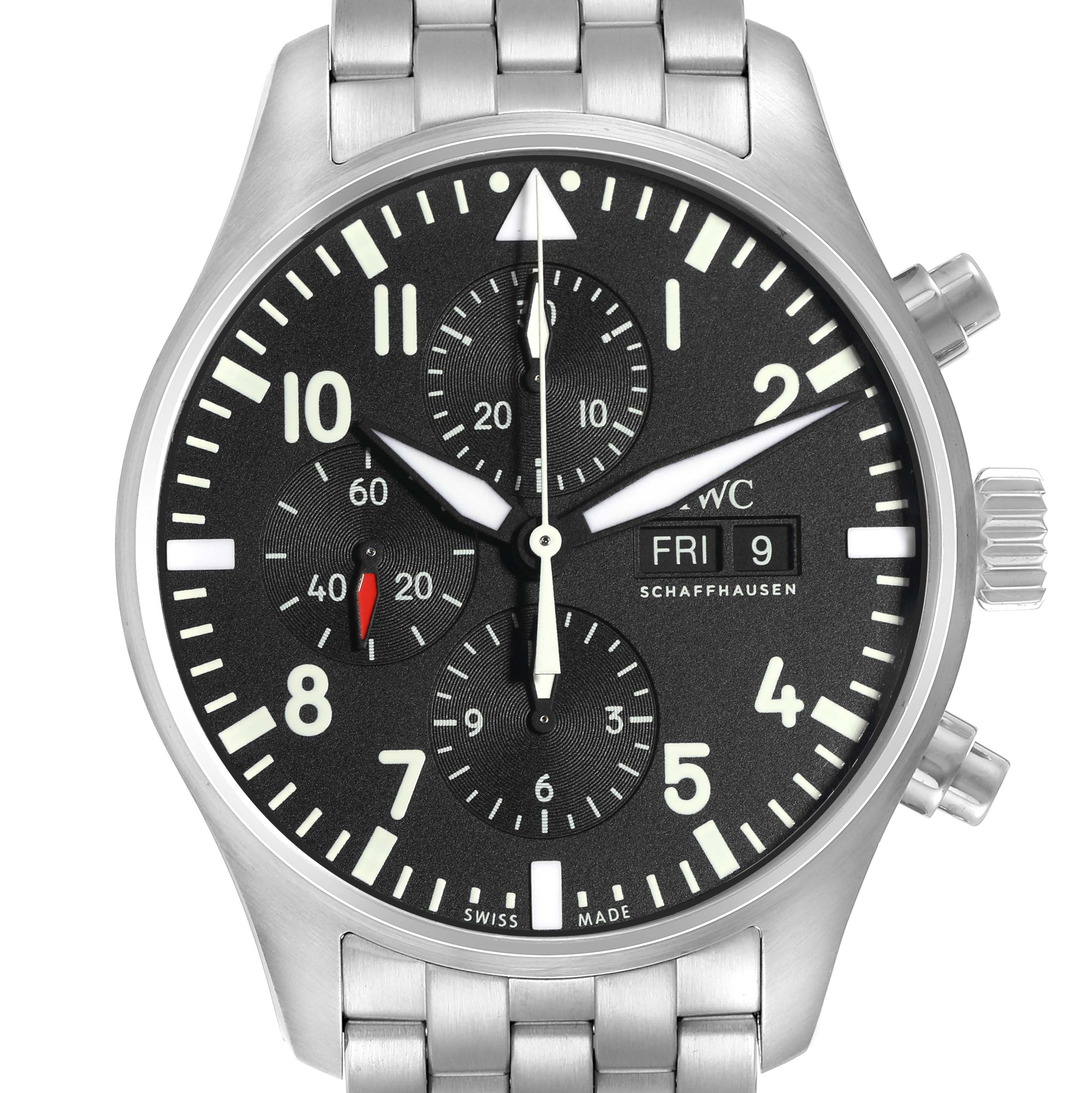 The IWC Pilot model IW377710 men's watch is shown from the front, displaying the dial, stainless steel bracelet, chronograph subdials, and day-date window.