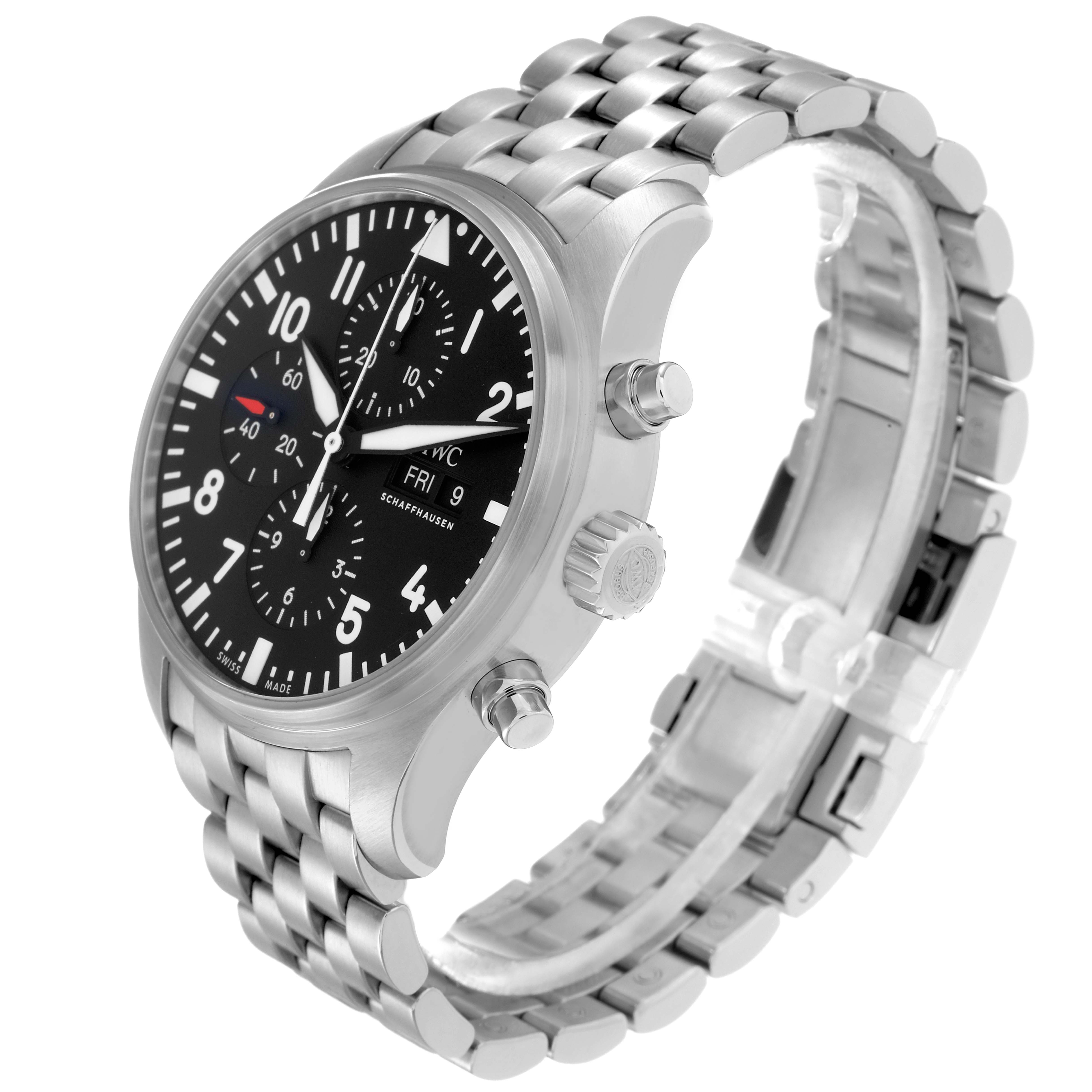 The IWC Pilot model number IW377710 watch is shown at a three-quarter angle, highlighting the face, bezel, crown, pushers, and metal bracelet.