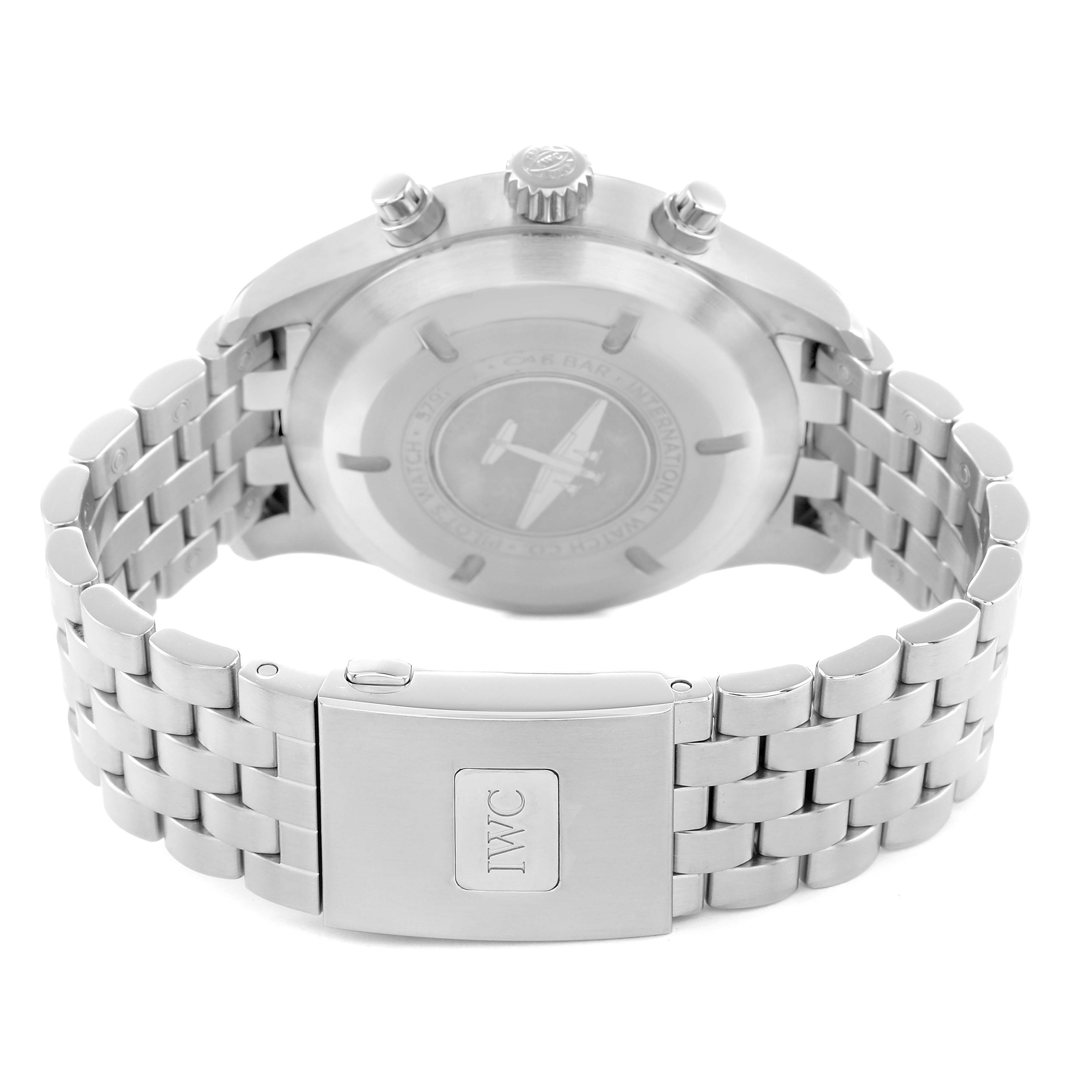 The image shows the back view of the IWC Pilot model IW377710 men's watch, highlighting the case back, crown, pushers, and bracelet clasp.