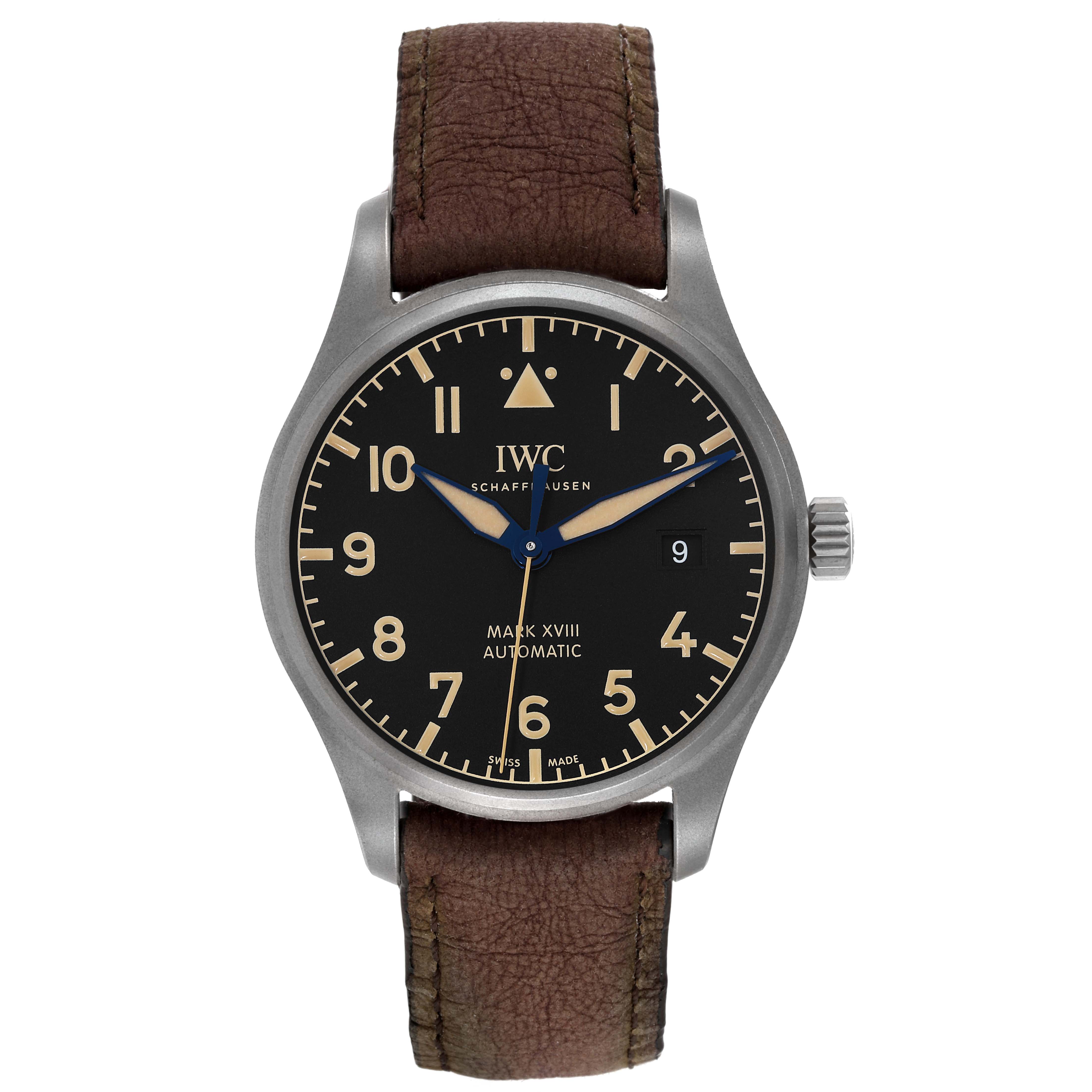 The IWC Pilot IW327006 Men's Titanium Black Dial IW327006 Men's Titanium Black Dial model watch, viewed from the front, displaying the dial, case, crown, and brown leather strap.
