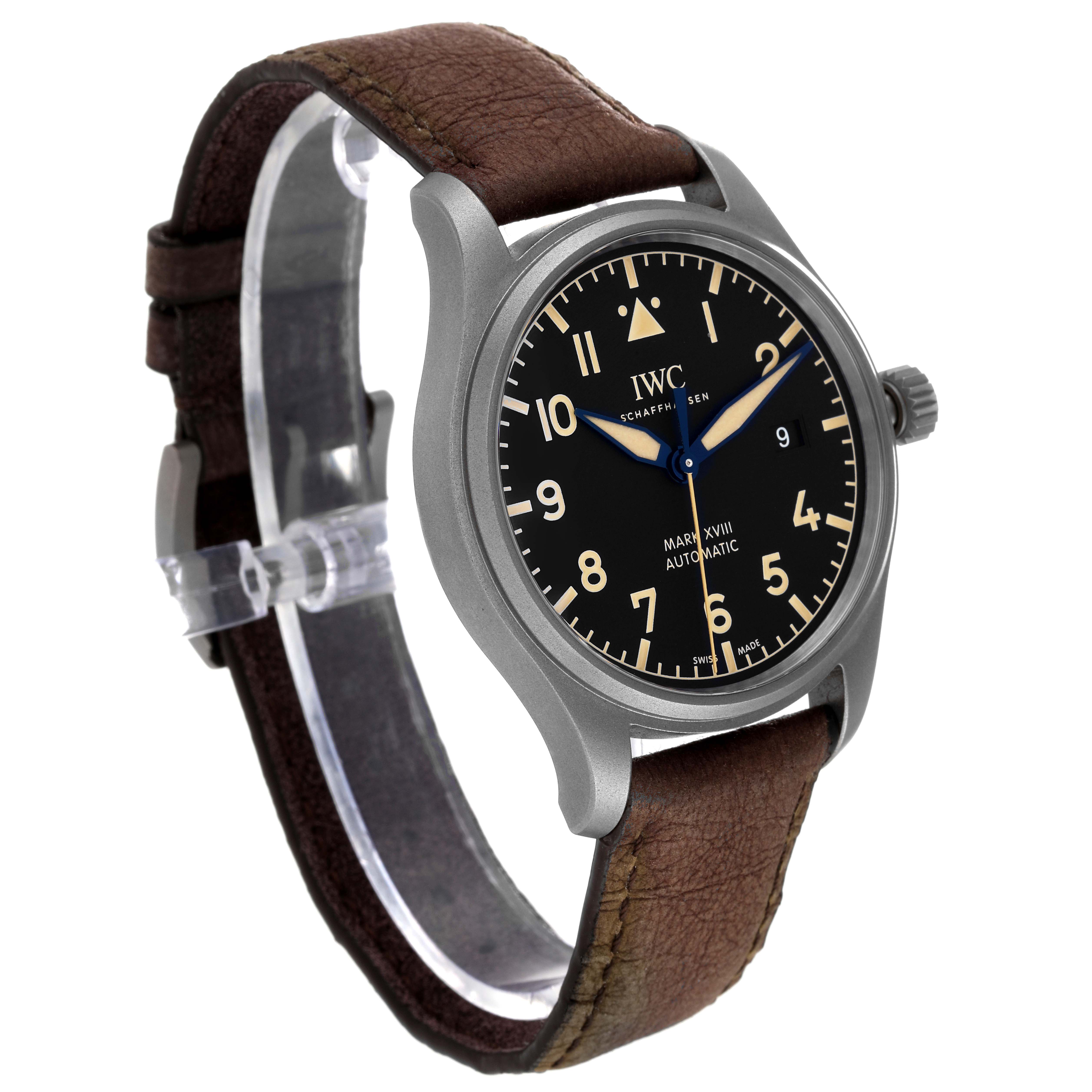 The IWC Pilot IW327006 Men's Titanium Black Dial IW327006 Men's Titanium Black Dial watch is shown at an angle, highlighting its face, bezel, crown, and brown leather strap.