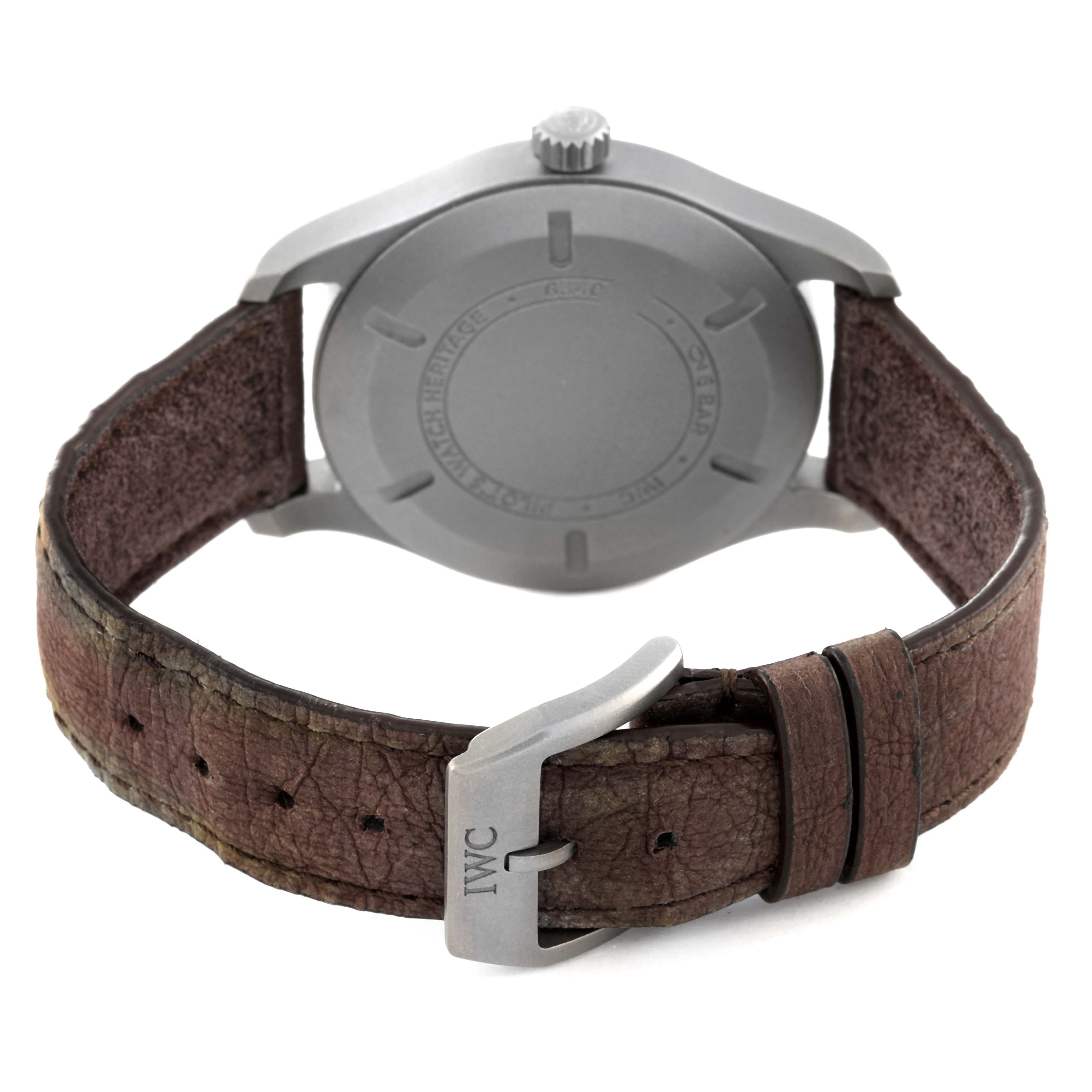 The image shows the back side and leather strap of an IWC Pilot IW327006 Men's Titanium Black Dial IW327006 Men's Titanium Black Dial model watch.