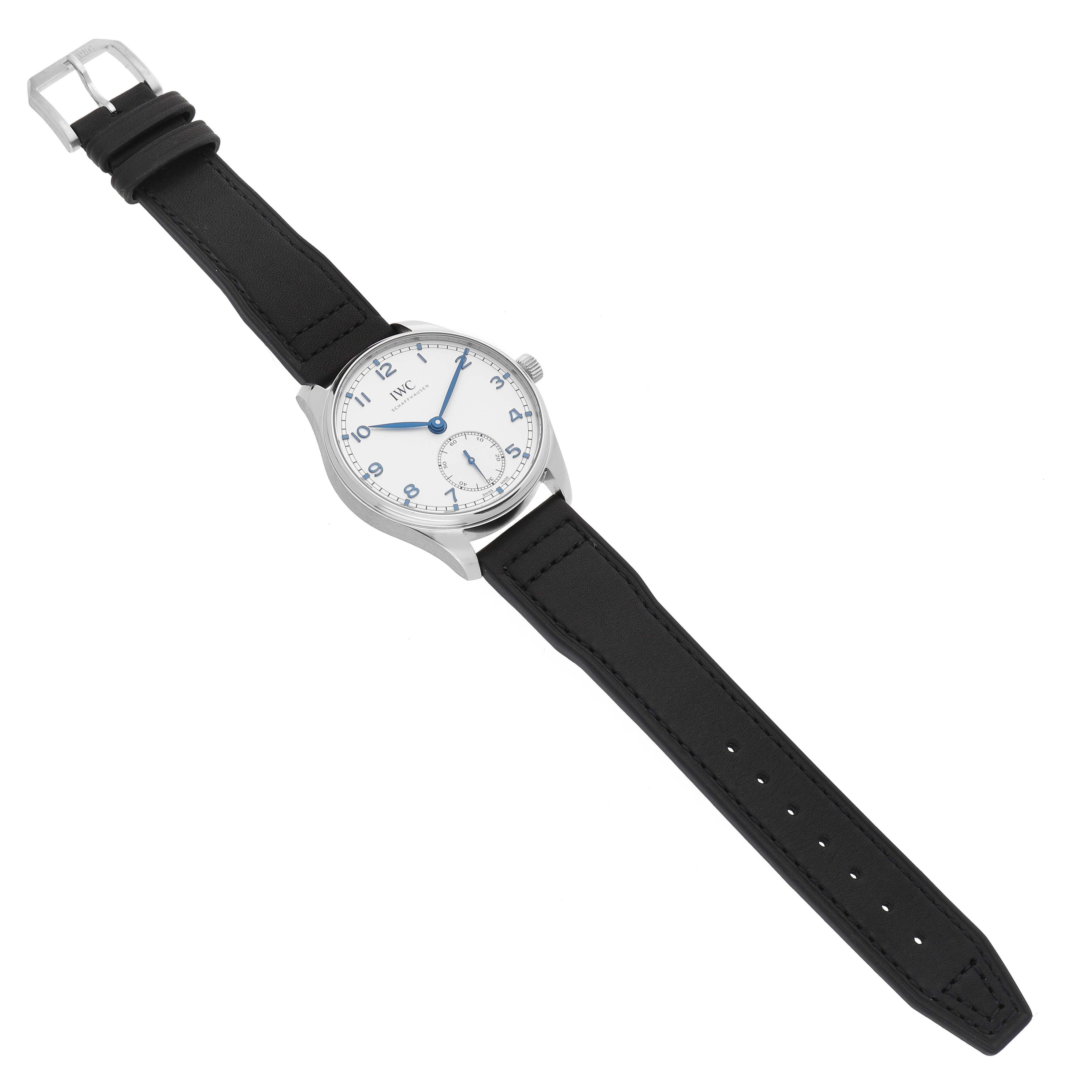 The image shows a top view of an IWC Portuguese IW358304 Men's Stainless Steel Silver Dial watch, featuring a round face, blue hands, and a black leather strap.