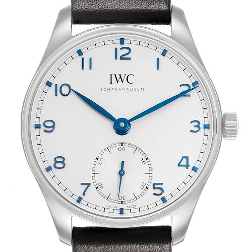 The image shows a frontal view of the IWC Portuguese IW358304 Men's Stainless Steel Silver Dial watch, displaying its dial and crown.