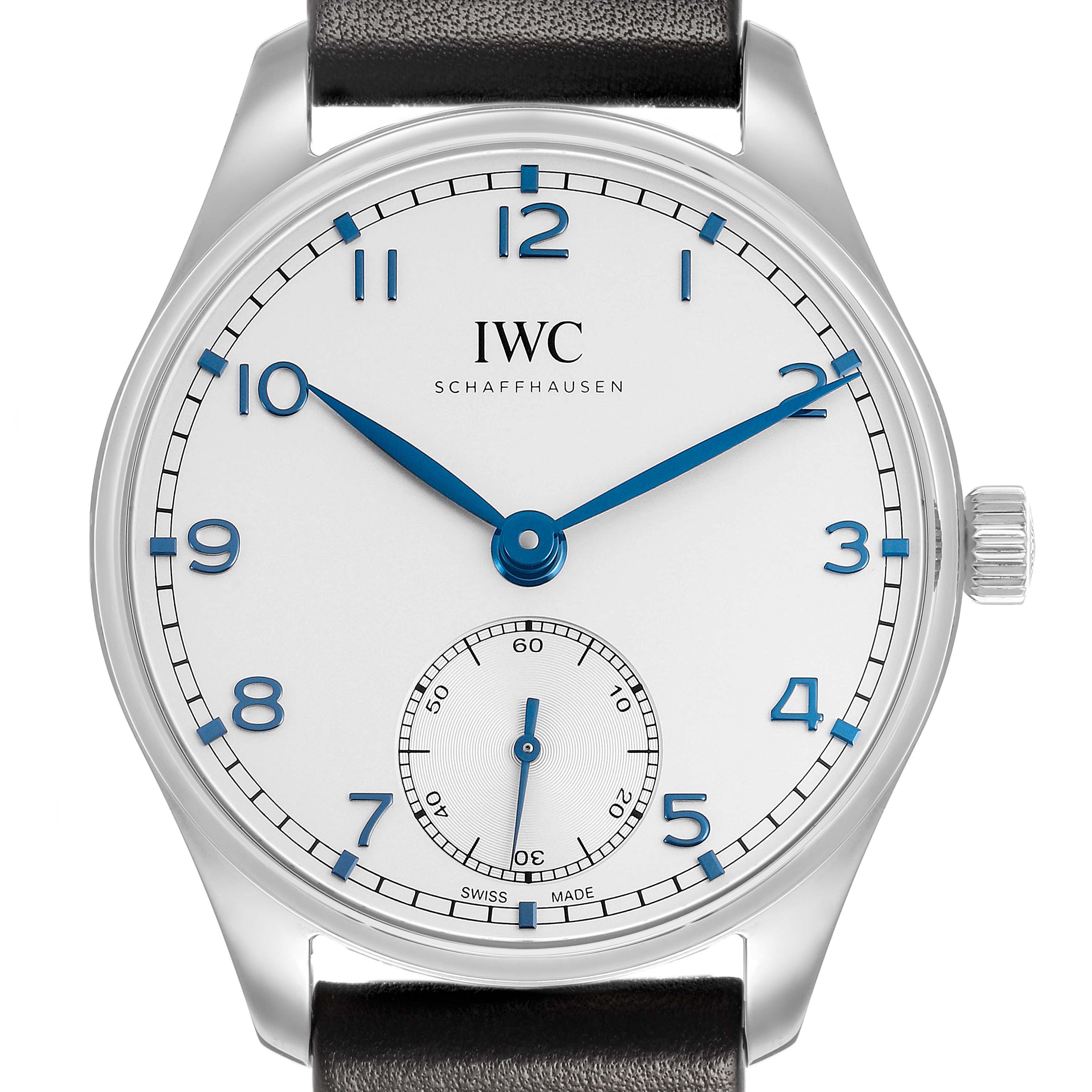 The IWC Portuguese IW358304 Men's Stainless Steel Silver Dial watch is shown from the front, displaying its dial, hands, and crown.