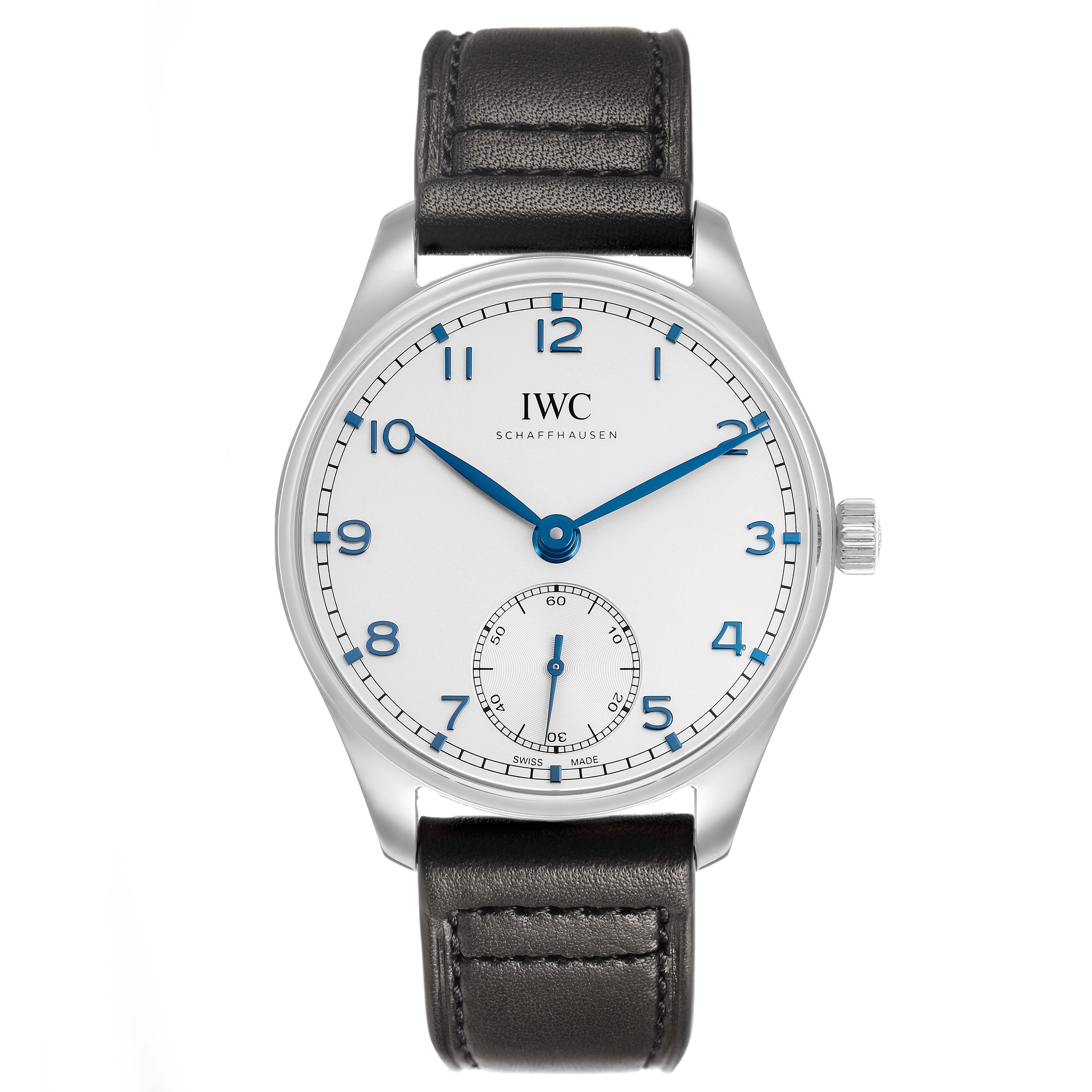 The IWC Portuguese IW358304 Men's Stainless Steel Silver Dial watch is shown from the front, displaying the face, strap, and crown.