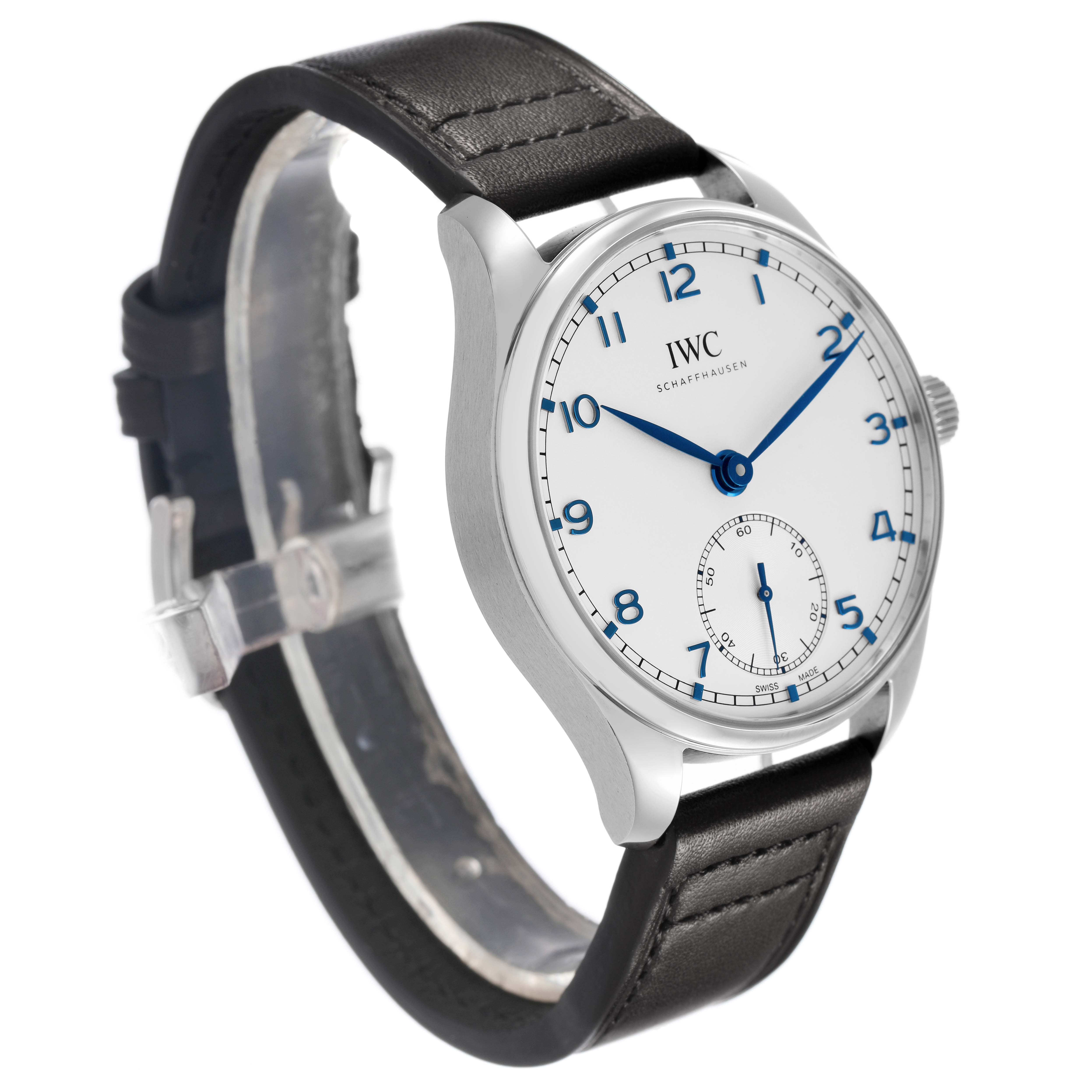 The IWC Portuguese IW358304 Men's Stainless Steel Silver Dial watch is shown at a three-quarter angle, displaying the face, bezel, crown, and leather strap.