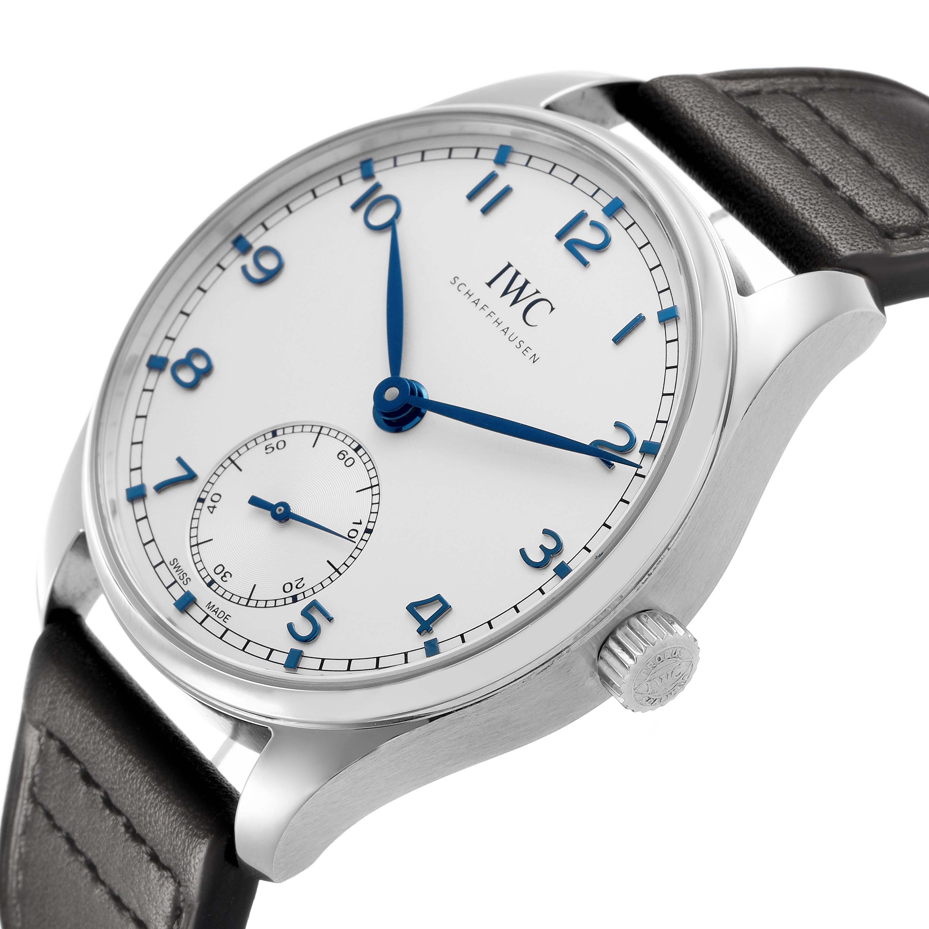 The IWC Portuguese IW358304 Men's Stainless Steel Silver Dial watch is shown from a slight upper side angle, highlighting the face, crown, and part of the leather strap.