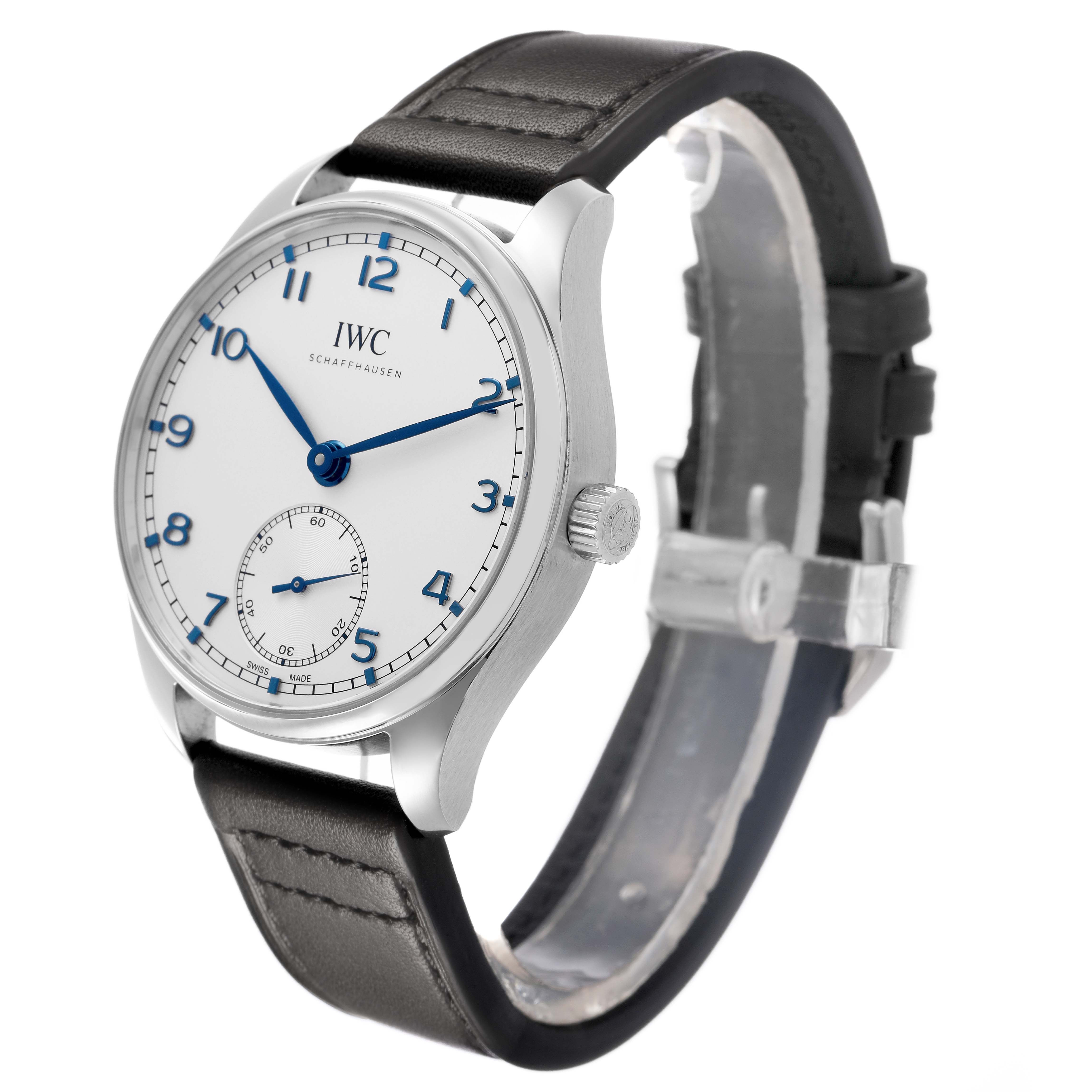 The IWC Portuguese IW358304 Men's Stainless Steel Silver Dial watch is shown at an angle highlighting the dial, crown, strap, and lugs.