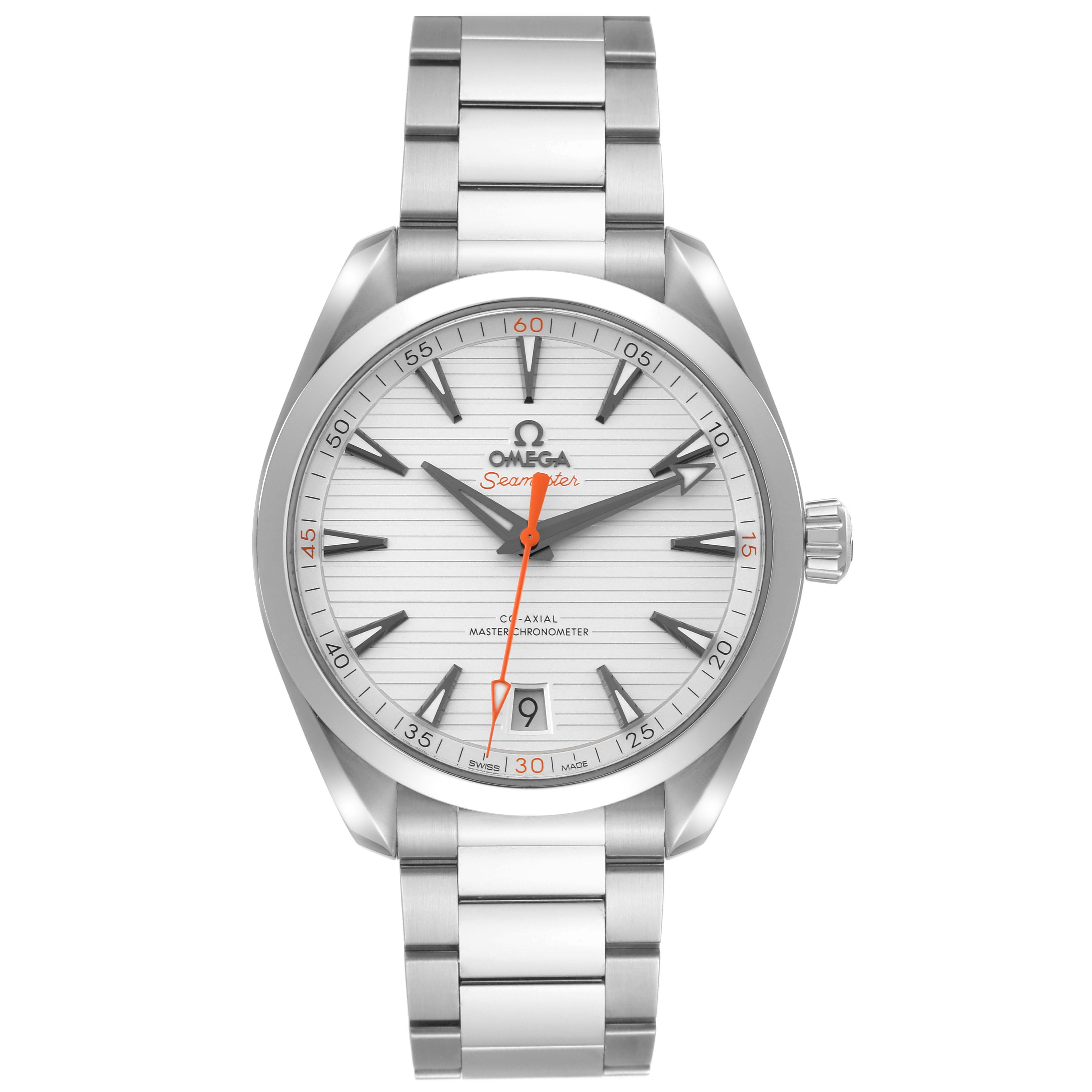 The image shows a front view of the Omega Seamaster Aqua Terra watch, highlighting its dial, bezel, and bracelet.