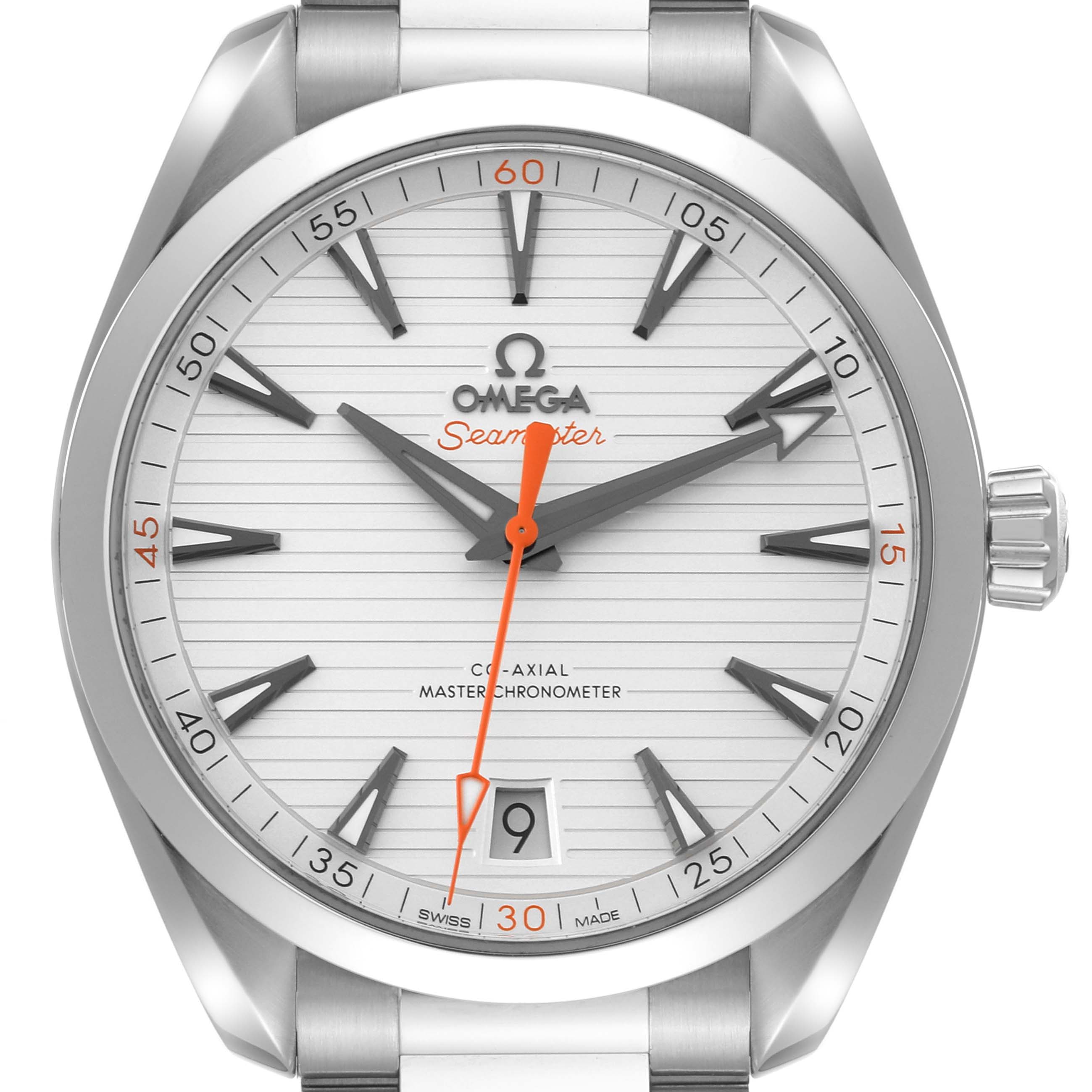 The image shows a front angle view of the Omega Aqua Terra 220.10.41.21.02.001 Men's Stainless Steel Silver Dial 220.10.41.21.02.001 Men's Stainless Steel Silver Dial watch face, featuring the dial, hands, hour markers, and crown.