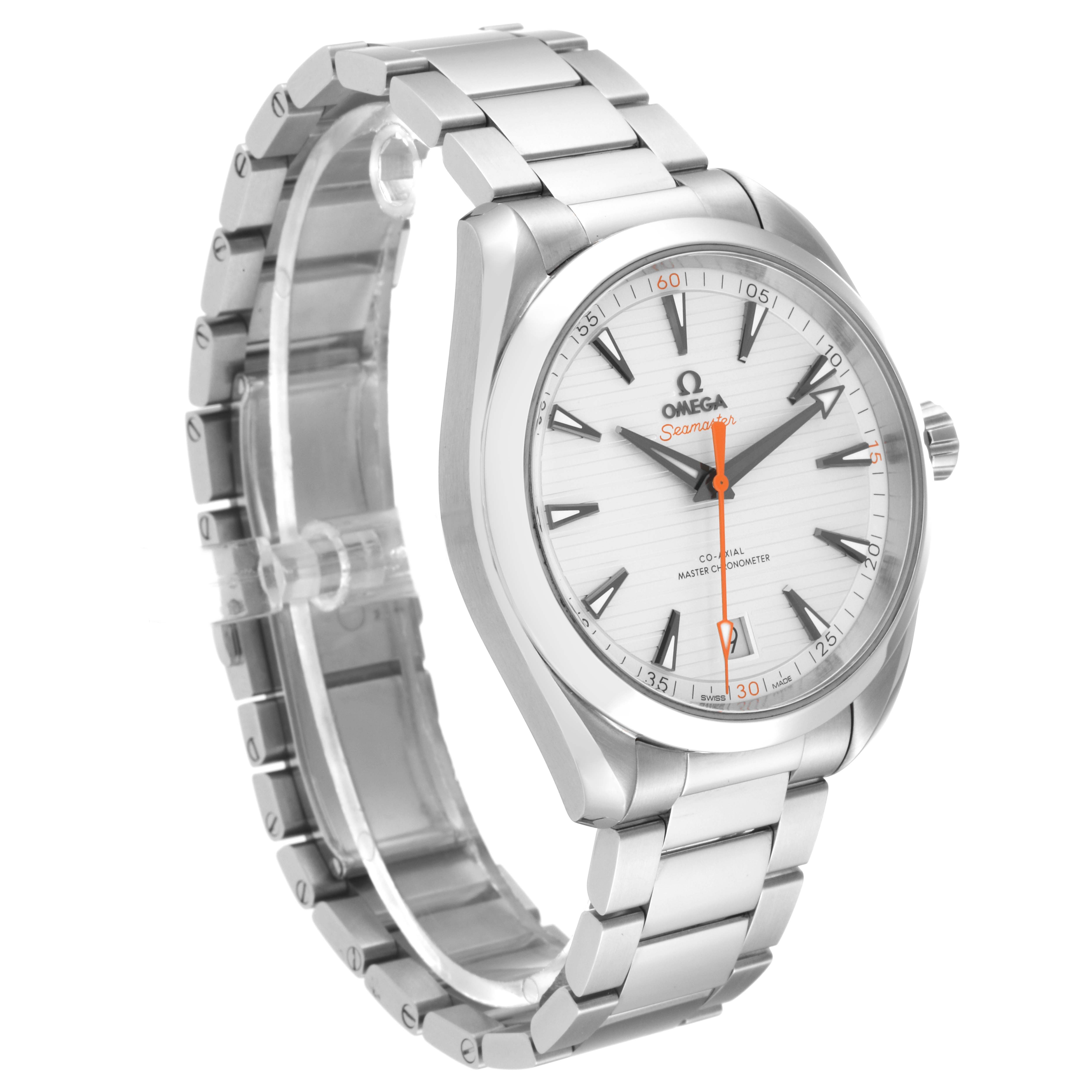 The image shows an Omega Aqua Terra 220.10.41.21.02.001 Men's Stainless Steel Silver Dial 220.10.41.21.02.001 Men's Stainless Steel Silver Dial watch with a silver bracelet and a white dial at a three-quarter angle.