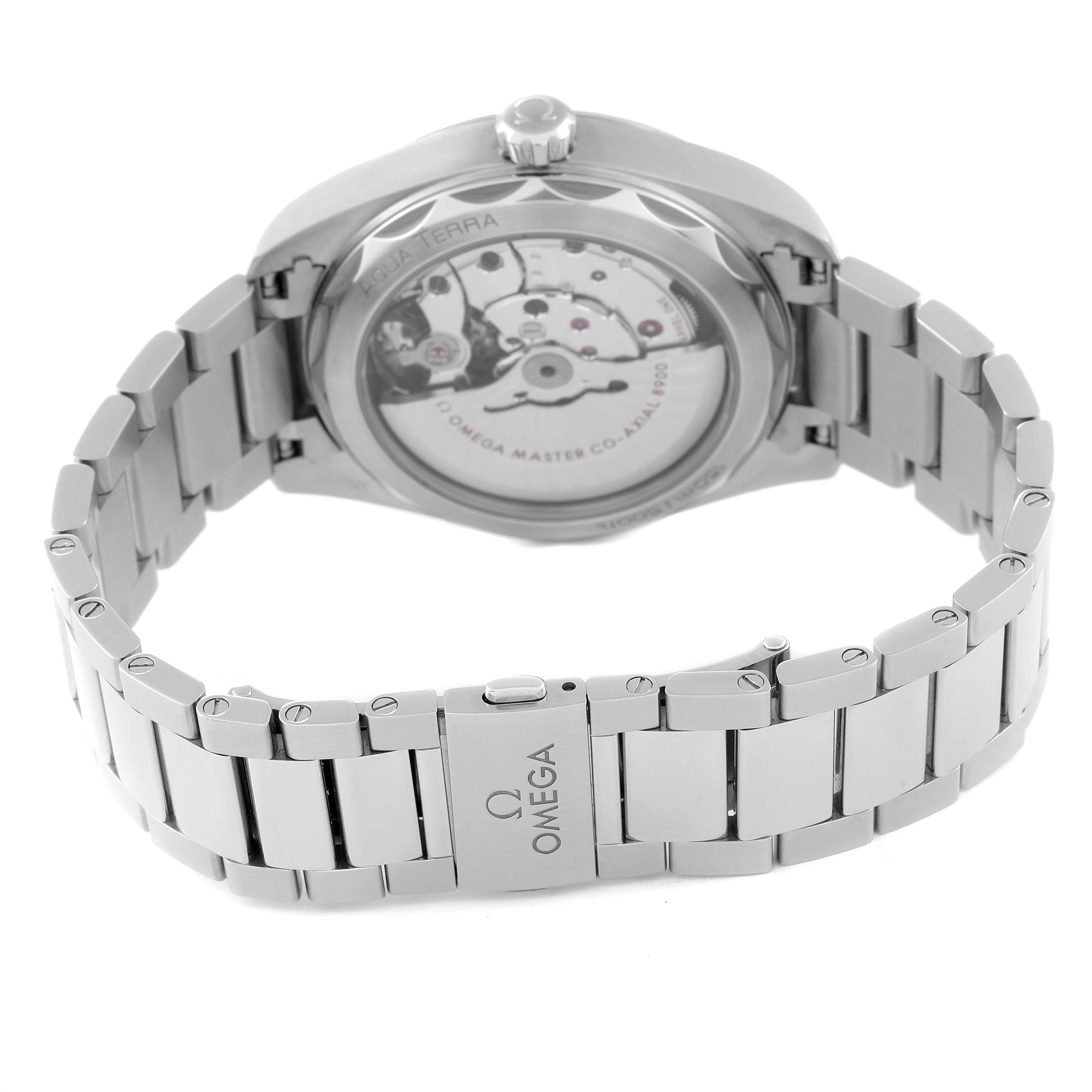 This image shows the back and bracelet of the Omega Aqua Terra 220.10.41.21.02.001 Men's Stainless Steel Silver Dial 220.10.41.21.02.001 Men's Stainless Steel Silver Dial watch, highlighting the transparent case back and metal links.