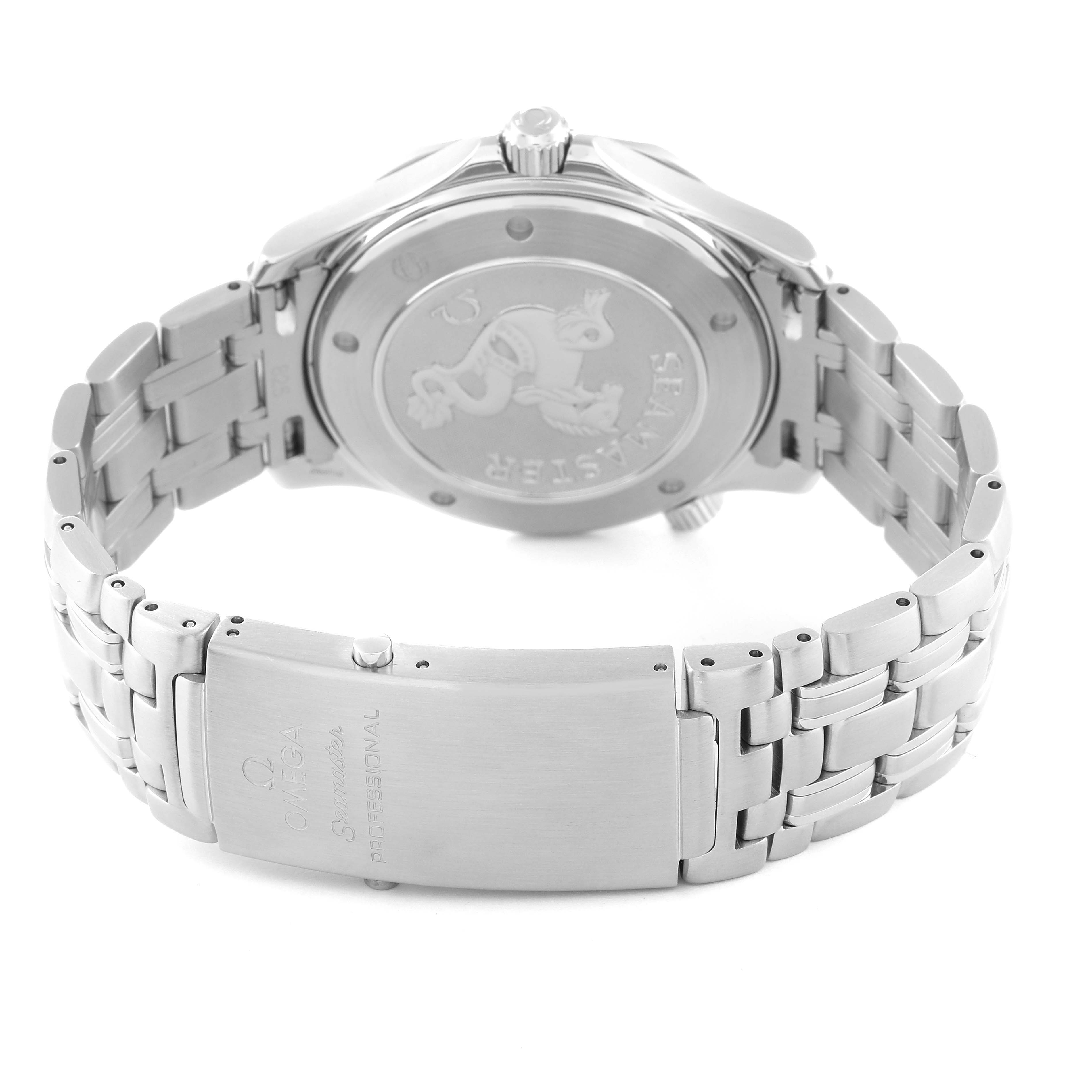 This image shows the back case and bracelet clasp of an Omega Seamaster 2221.80.00 Men's Stainless Steel Blue Dial 2221.80.00 Men's Stainless Steel Blue Dial watch.