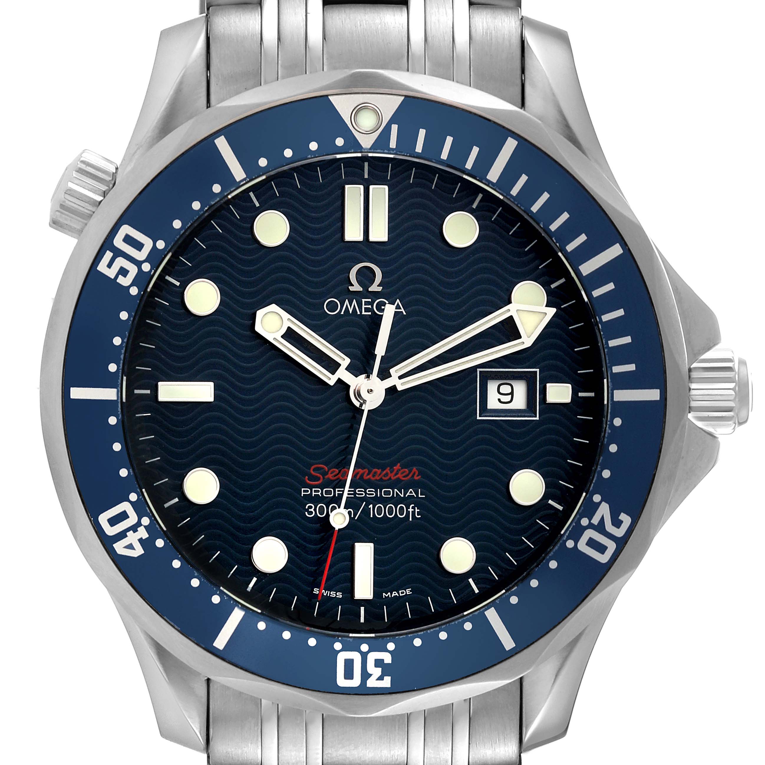 This image shows a frontal view of the Omega Seamaster 2221.80.00 Men's Stainless Steel Blue Dial 2221.80.00 Men's Stainless Steel Blue Dial watch with its dial, bezel, and part of the bracelet visible.