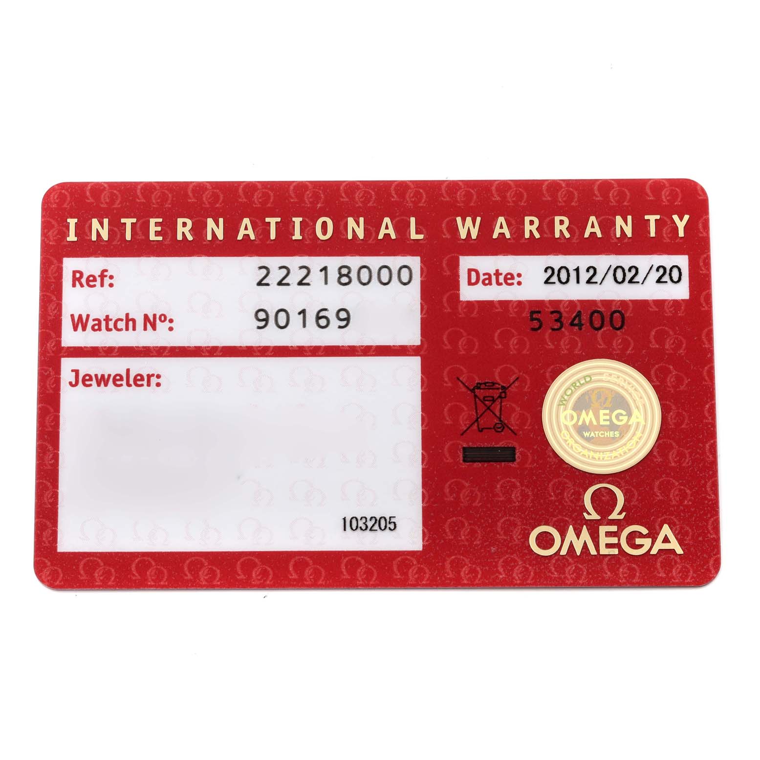 This image shows the international warranty card for an Omega Seamaster 2221.80.00 Men's Stainless Steel Blue Dial 2221.80.00 Men's Stainless Steel Blue Dial watch, including reference number and watch number.