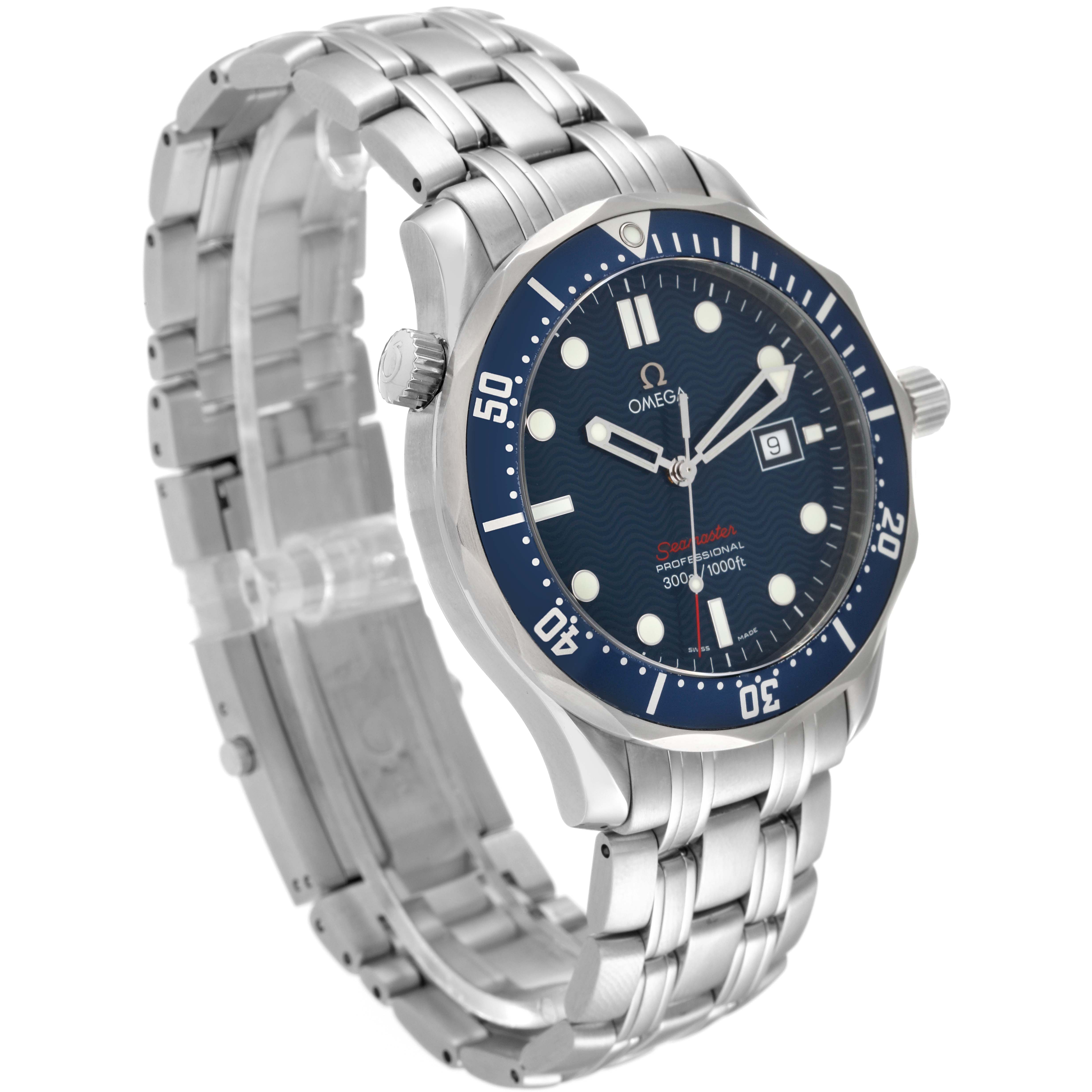 The Omega Seamaster 2221.80.00 Men's Stainless Steel Blue Dial 2221.80.00 Men's Stainless Steel Blue Dial watch is shown at a three-quarter angle, featuring its dial, bezel, bracelet, and side buttons.